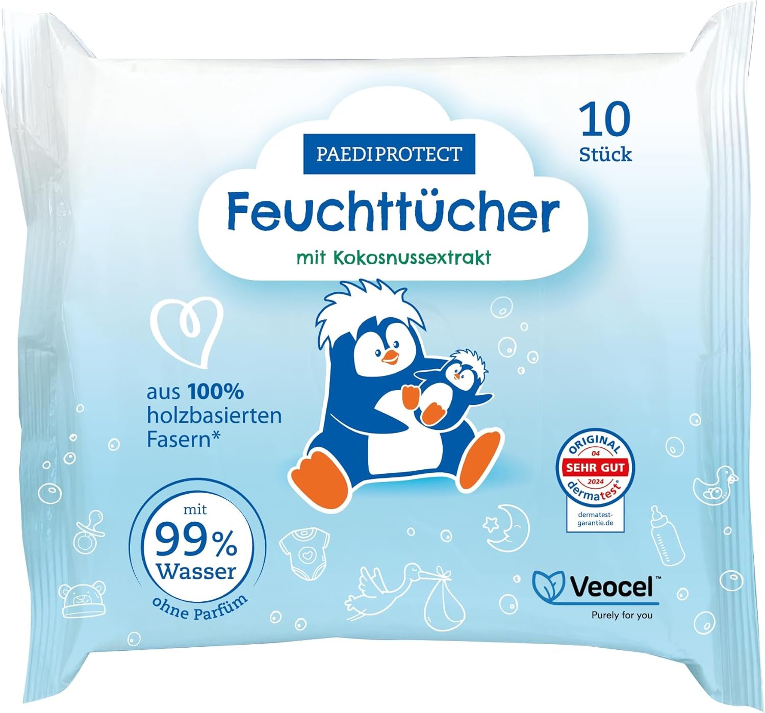 PAEDIPROTECT Babydoekjes 1 x 10 stuks Gevoelige babywaterdoekjes 99% water Geurvrij Baby en kinderen Gevoelige huid Kokosextract Microplasticvrij Veganistisch (5-pack)