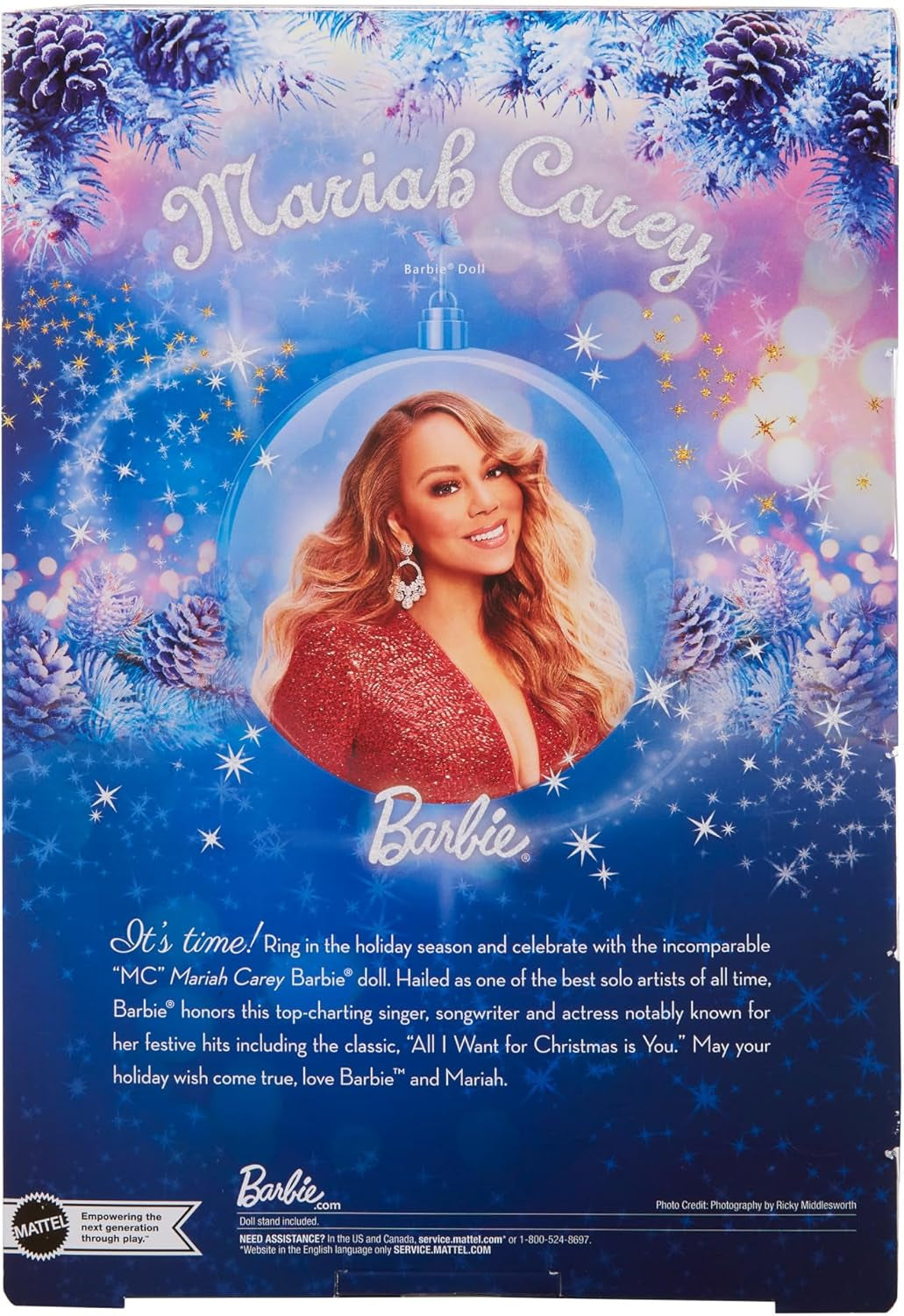 Barbie Mariah Carey - Verzamelpop met sprankelende rode jurk, ruches, split, charmante krullen, zilveren accessoires, rode hoge hakken, kersttraditie, decoratie, HJX17