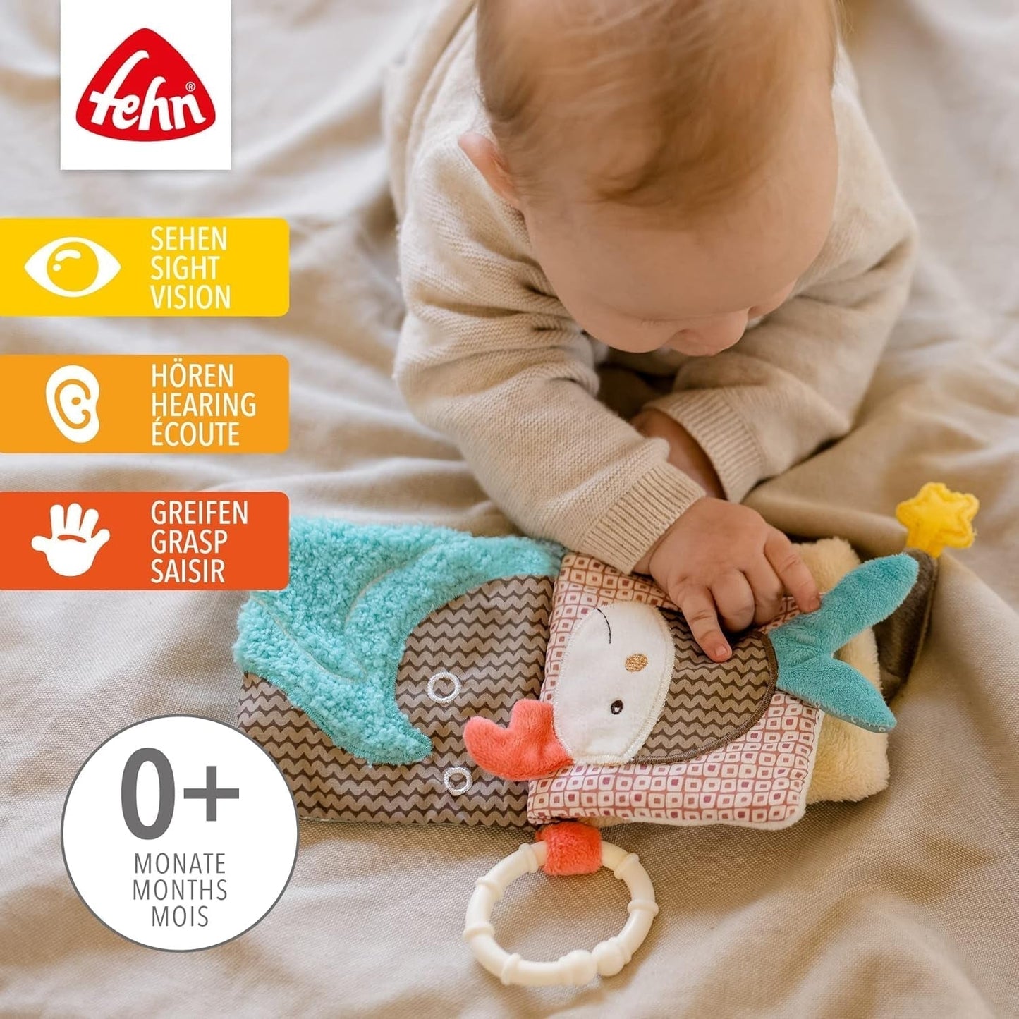 Fehn Speelhandschoen Safari - Vingerpoppetjes Babyspeelgoed Aap & Olifant om vast te pakken & Geluiden te maken & Zacht Prentenboek Bruno - Touchboek voor kinderen met dierenmotieven Babyspeelgoed Naty Shop