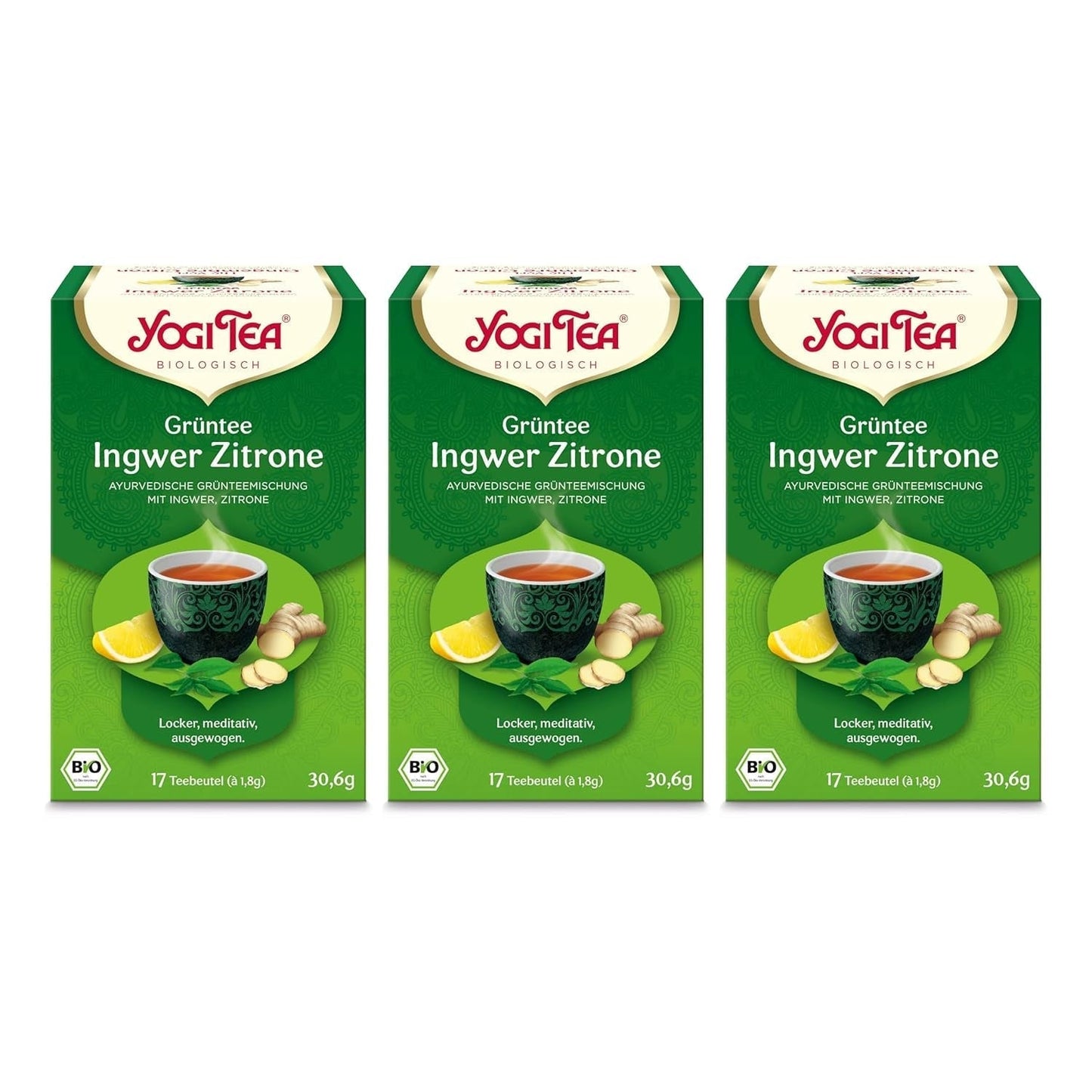 Yogi Tea - Groene thee met gember en citroen, biologische ayurvedische thee met specerijen en kruiden, mix van groene thee, gember en citroen, Yogi Tea 3-pack, 3X17 theezakjes (in totaal 51 theezakjes), ideaal als cadeau