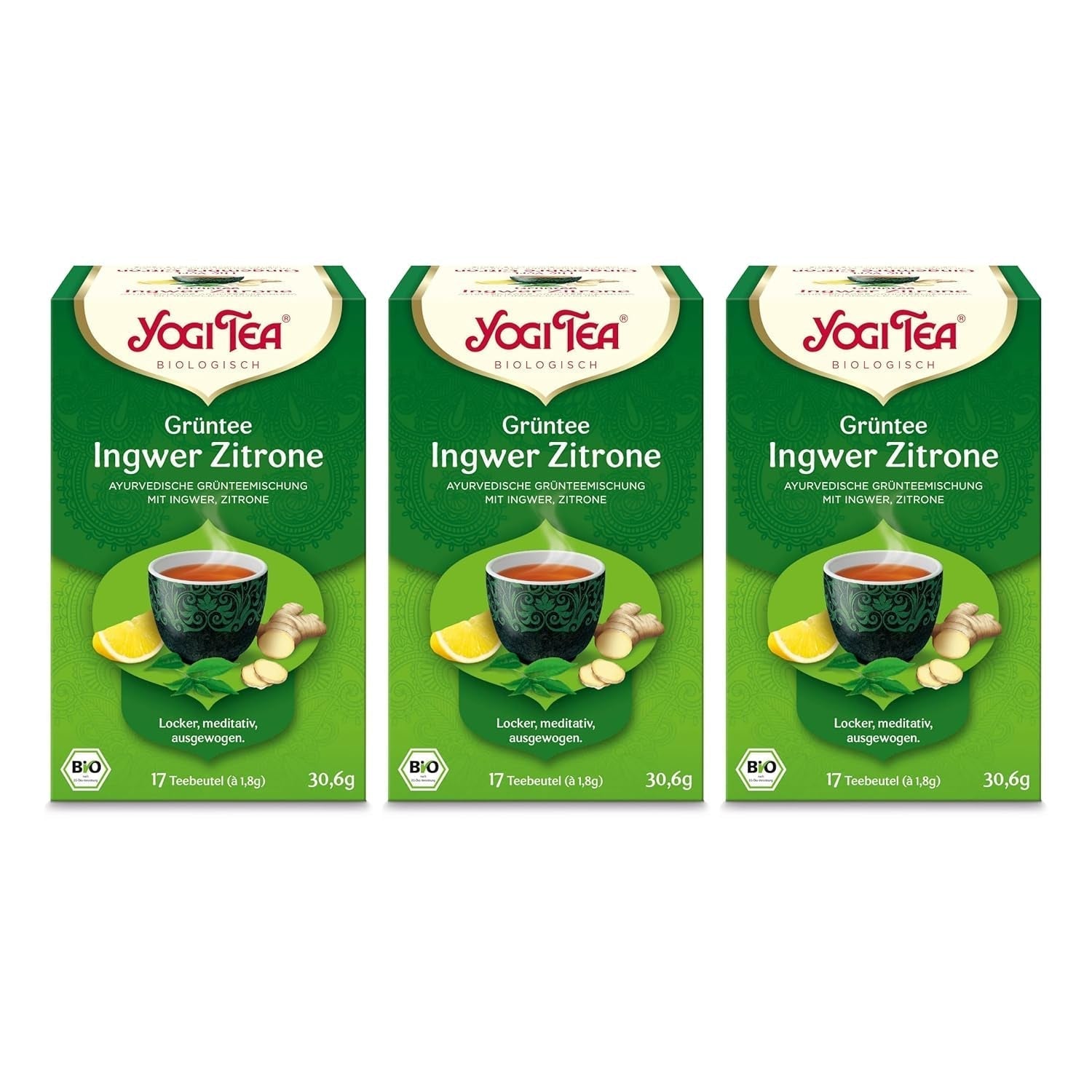 Yogi Tea - Groene thee met gember en citroen, biologische ayurvedische thee met specerijen en kruiden, mix van groene thee, gember en citroen, Yogi Tea 3-pack, 3X17 theezakjes (in totaal 51 theezakjes), ideaal als cadeau