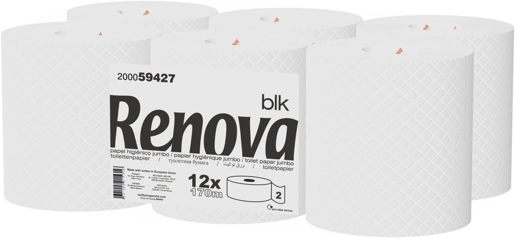 Toiletpapier Renova Jumbo BLK, 12 rollen van 170 M, wit papier, 2 lagen