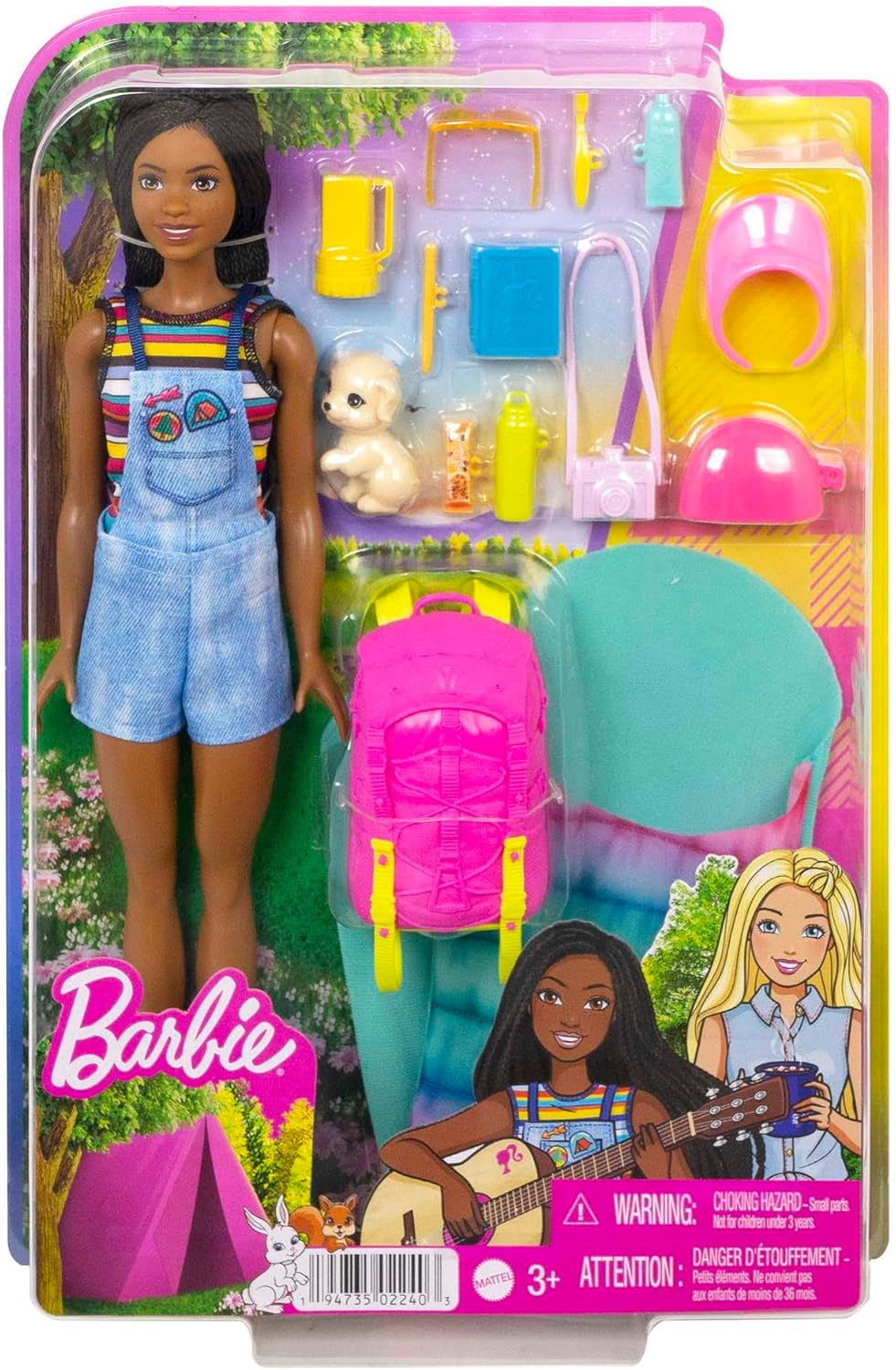 Barbie HDF74 Twinpack-pop! Brooklyn Camping Doll (Brunette met gevlochten staartjes, ca. 29 cm) met puppy, rugzak, slaapzak, 10 kampeeraccessoires, cadeau voor kinderen vanaf 3 jaar