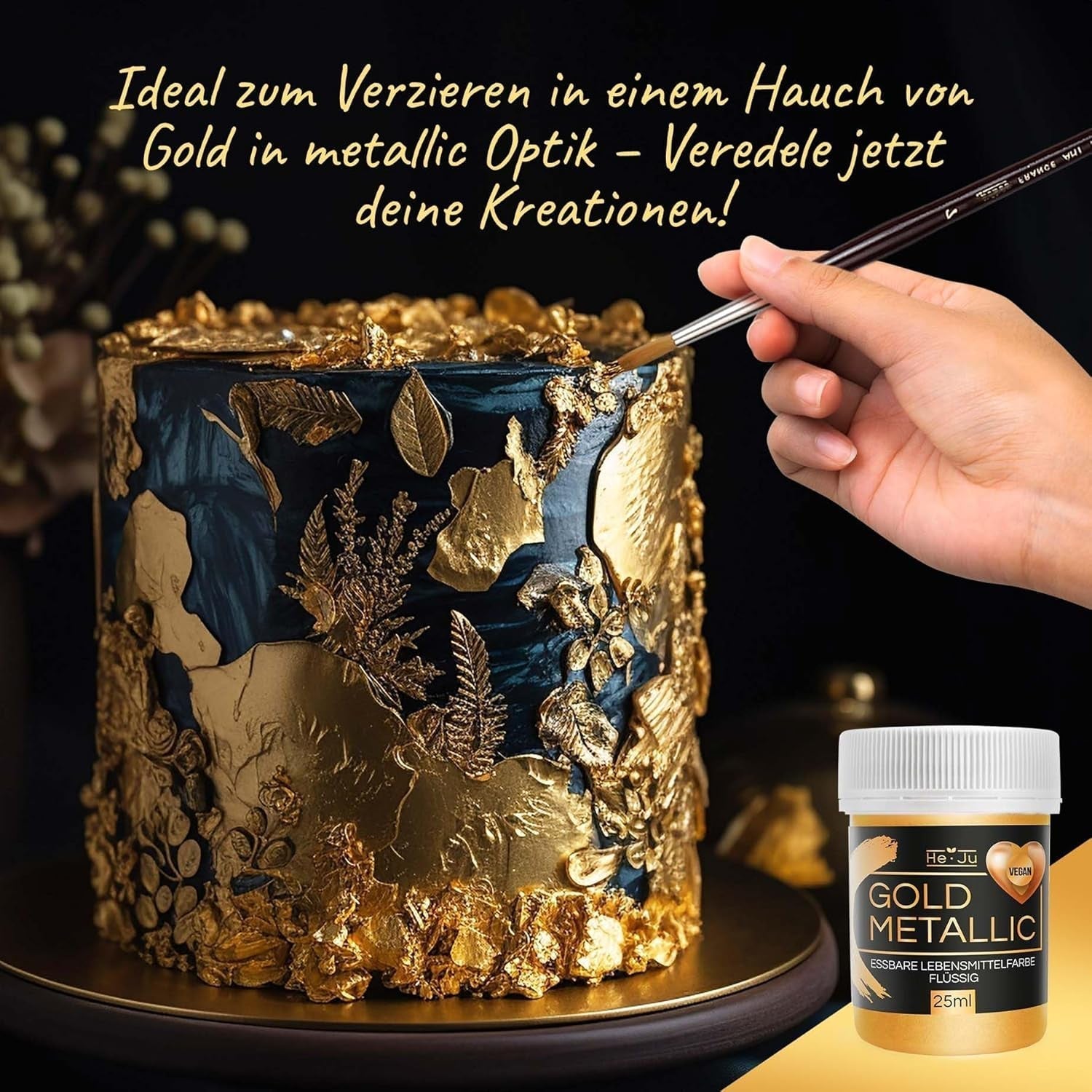 He-Ju Metallic Gold vloeibare kleurstof voor levensmiddelen 25 ml, eetbare glitter voor drankjes en eten (metallic goud, 25 ml)