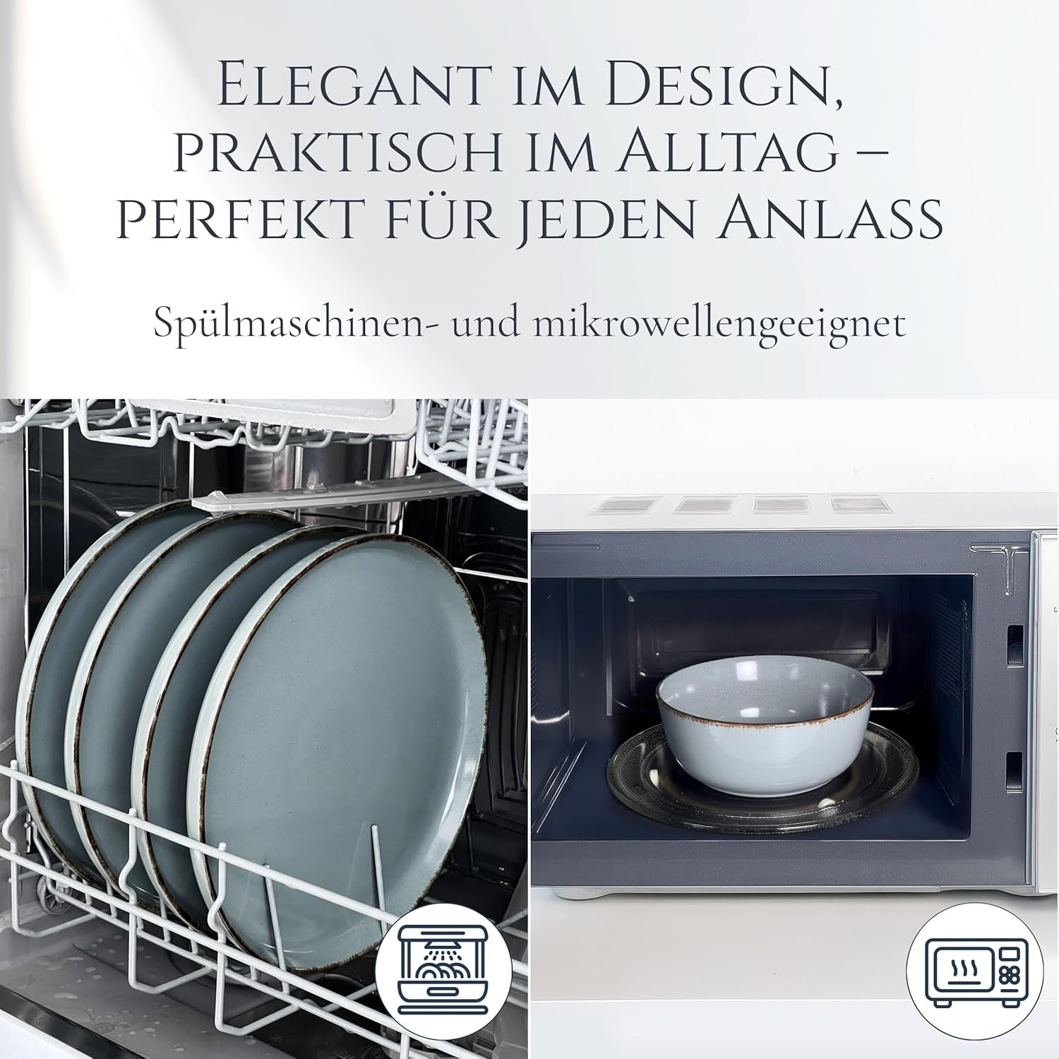 Steingut Geschirrset 6 Personen Rustiek 24 tlg. TESTSIEGER, Hochwertiges Landhaussttil Steingut Geschirr Set, Schüssel- und Teller Set, Tafelservice 6 Personen, Geschirrsets Puur Wonen in Rauchblau