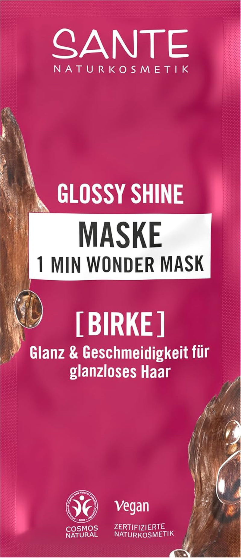 SANTE Naturkosmetik Glossy Shine 1 Min Wonder Mask, diepe verzorging voor dof haar met organisch berkenbladextract en 3x eiwitcomplex voor 3x meer glans en soepelheid, vegan, 20ml Naty Shop Haarmasker Standaardtitel