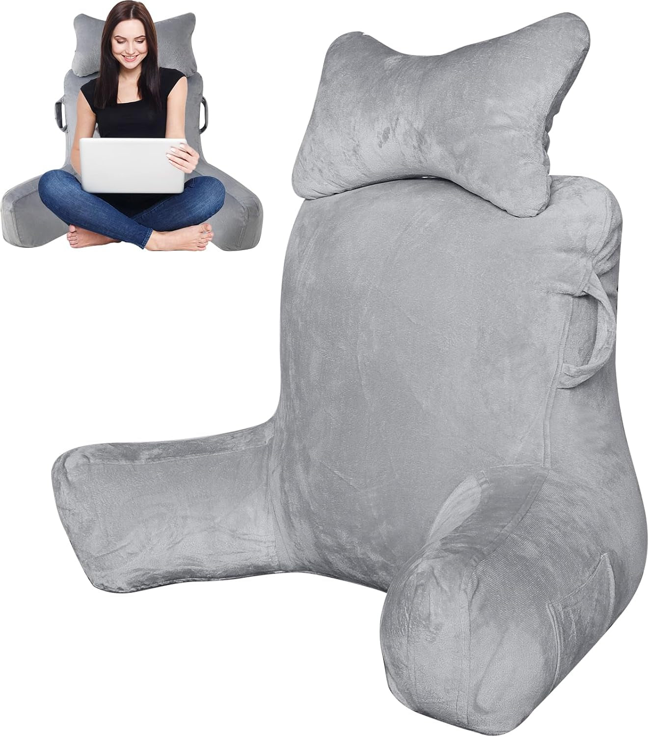 Leeskussen voor volwassenen in bed, 90x80cm (BxH) extra grote rugleuning voor lezen met afneembare neksteun en steunarm, comfortabel leeskussen voor bed, bank of vloerrugleuning