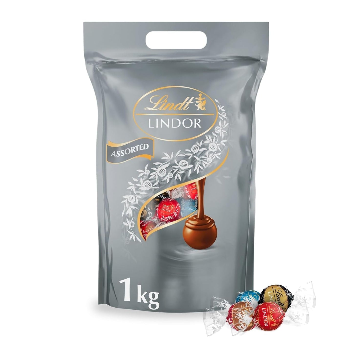 Lindt-chocolade | Diverse tassen LINDOR zilver | Zak van 1 kg | 80 smeltende melkchocoladebolletjes, 70%, gezouten karamel en dubbele chocoladesmaken | Chocoladegeschenk om te delen
