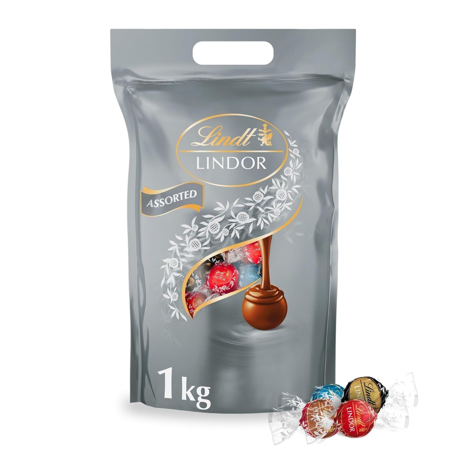 Lindt-chocolade | Diverse tassen LINDOR zilver | Zak van 1 kg | 80 smeltende melkchocoladebolletjes, 70%, gezouten karamel en dubbele chocoladesmaken | Chocoladegeschenk om te delen
