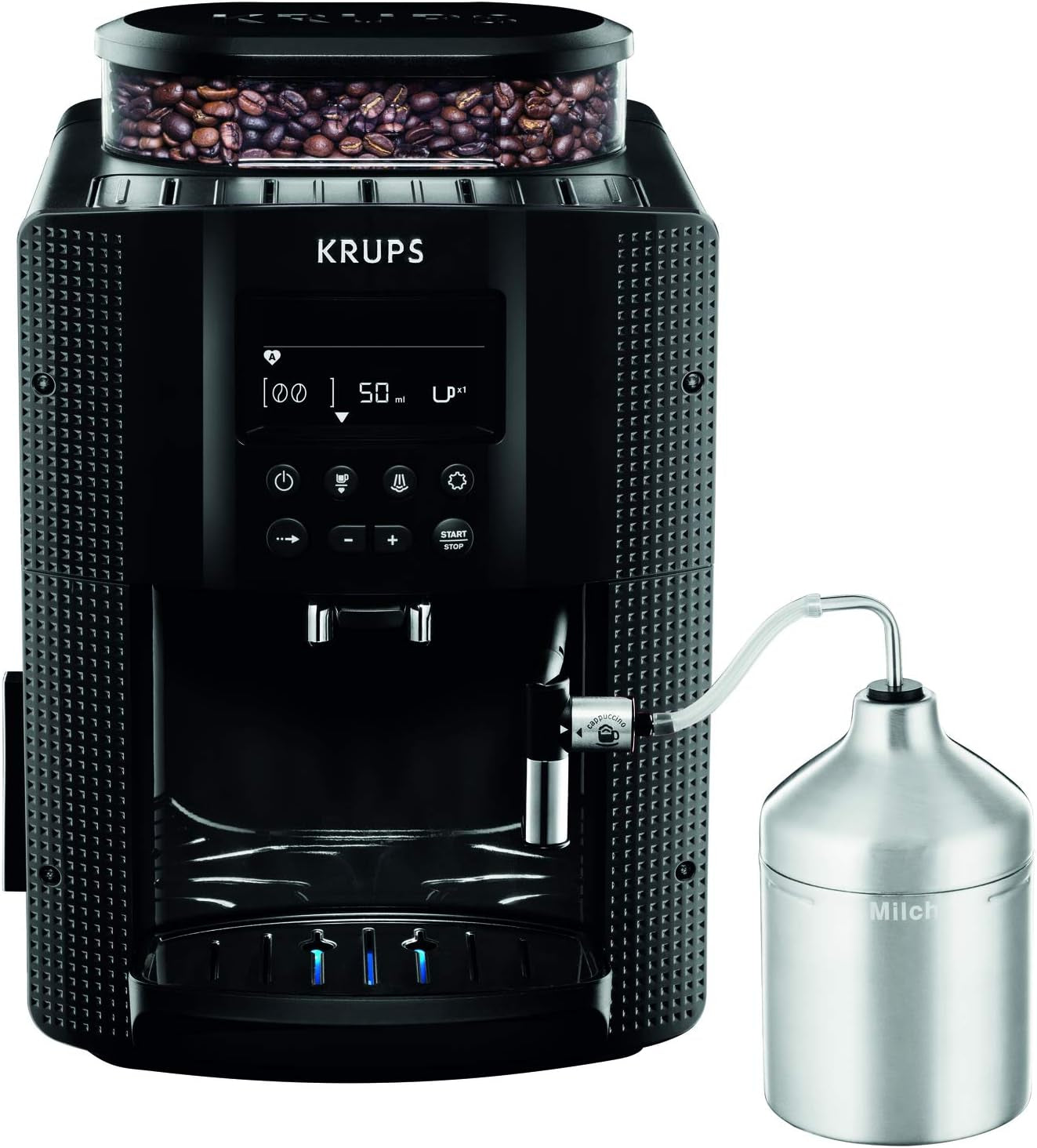 KRUPS Arabica Picto automatische espressomachine, compact ontwerp, eenvoudig te gebruiken, intuïtief verstelbare draaibediening, melkopschuimer, 2-kops functie, espressomachine, zwart, EA810870