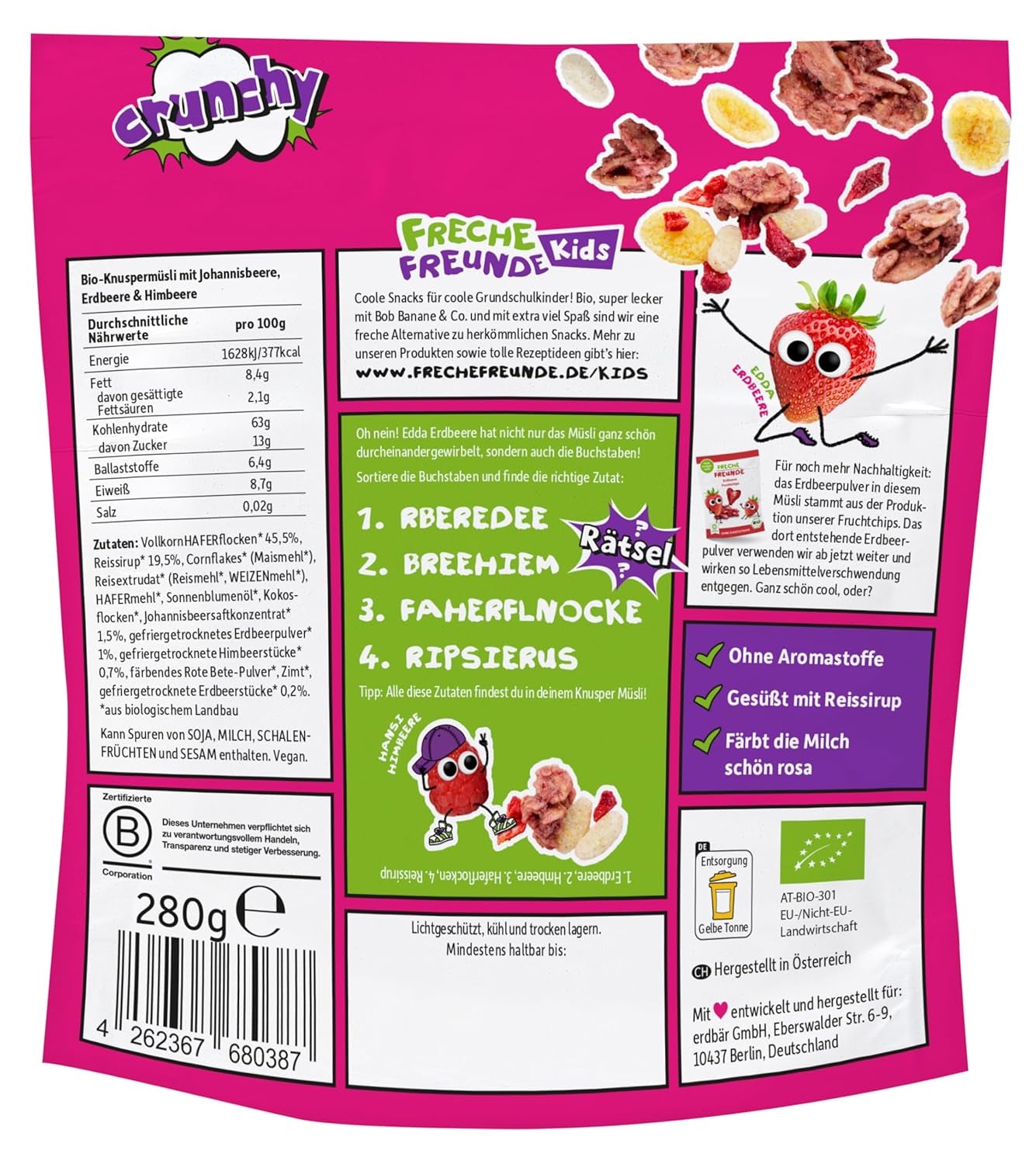 FRECHE FREUNDE Biologische ontbijtmuesli Edda's bessen knapperige mueslimix voor schoolkinderen met gevriesdroogde aardbeien Veganistisch 6-pack (6 x 280 g)