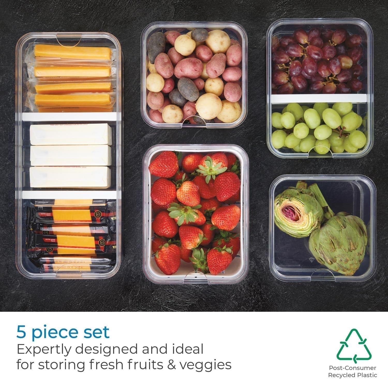 iDesign opbergdozen, koelkastorganizer met deksels in een set van 5, gerecyclede plastic voedselopbergdozen voor het organiseren van verbruiksartikelen, helder en wit Naty Shop voedselopbergdozen
