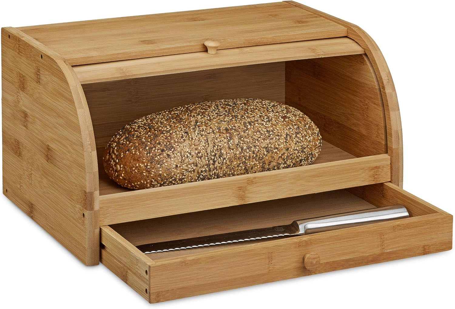 Relaxdays Broodmand op wielen met lade, bamboe, HxBxD: 21 x 40,5 x 28 cm, snijplank hout, naturel & bamboe ca. 3 x 37 x 21,5 cm Snijplank met kruimellade voor eenvoudige reiniging naturel Voedselbewaardozen Naty Shop