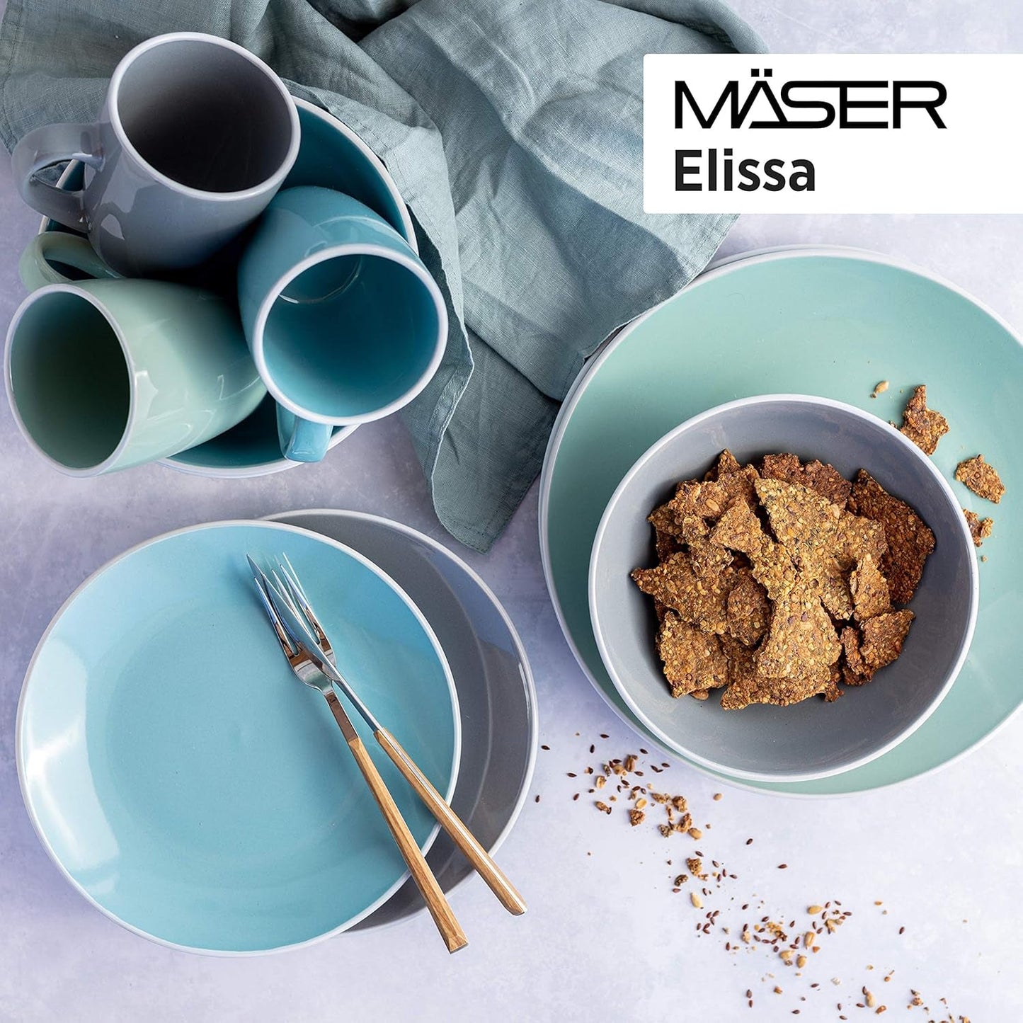 MÄSER 931844 Elissa-serie moderne serviesset voor 6 personen, blauw met witte rand, 24-delige combinatieset, keramiek