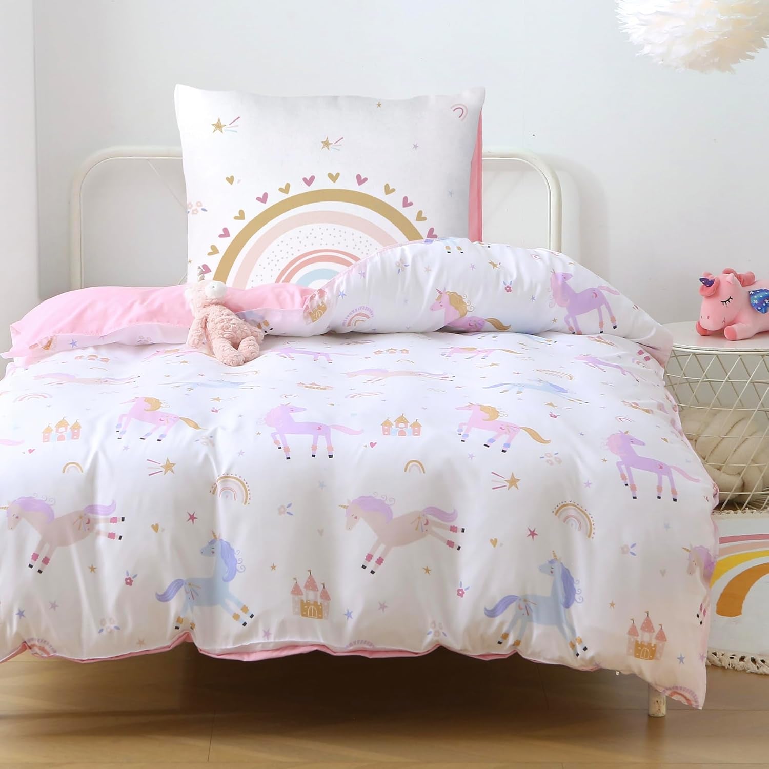 Fekohipy Bettwäsche 135X200 Mädchen Einhorn Kinderbettwäsche Rosa 3D-Druck Mikrofaser Regenbogen Kinder Bettbezug Mit Zwierzweissung en 1 Kissenbezug 80X80Cm 2-Teilige Kinderbettwäsche-Set Naty Shop Einhornregenbogen 135X200Cm+80X80Cm