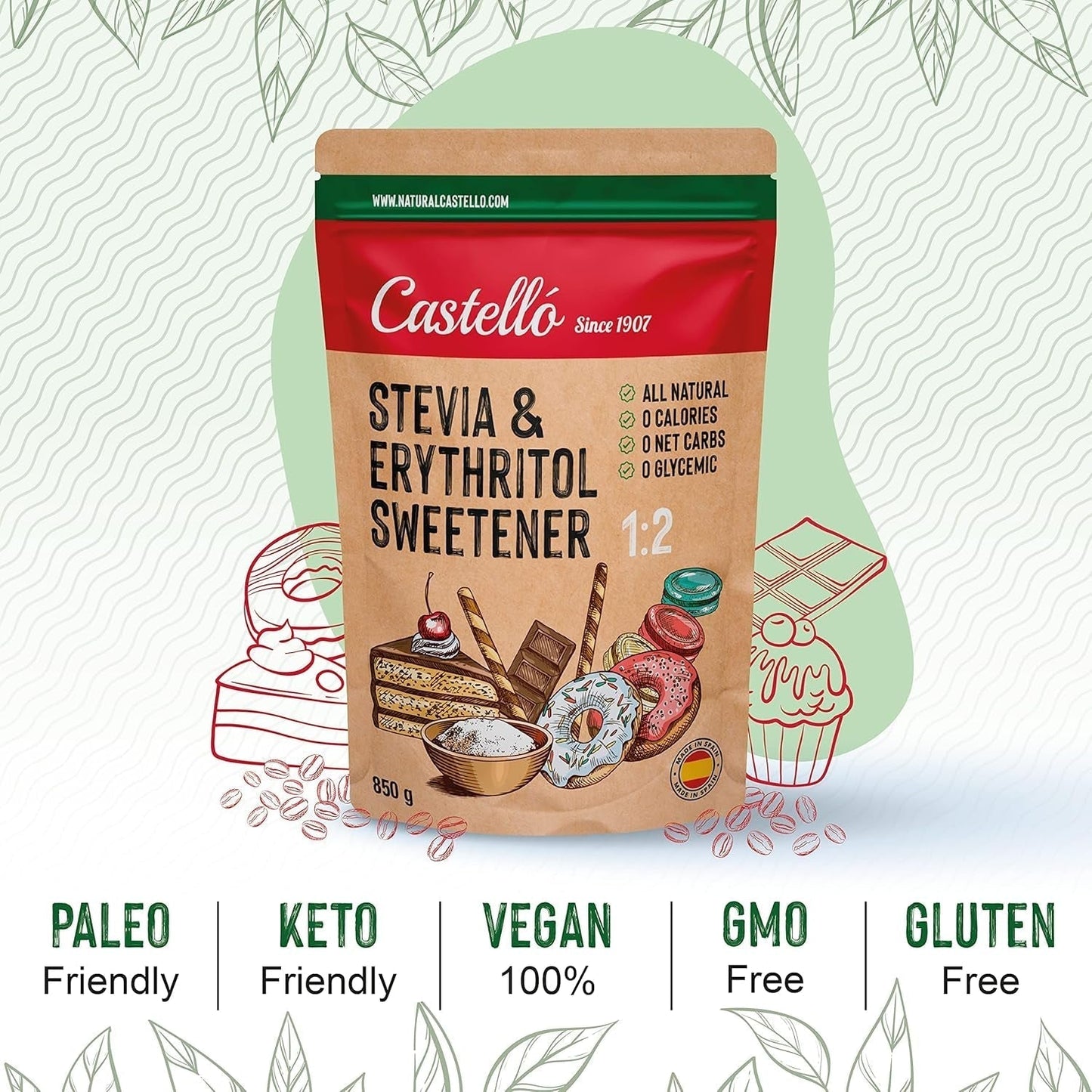 Stevia + Erythritol 1:2 Süßstoff | 1G = 2G Zucker | 100% Natürlicher Zuckerersatz - 0 Kalorien - 0 Glykämischer Index - Keto en Paleo - 0 Netto-Kohlenhydraat - Kein GVO - Castello sinds 1907 - 850 G Zoetstoffen Naty Shop