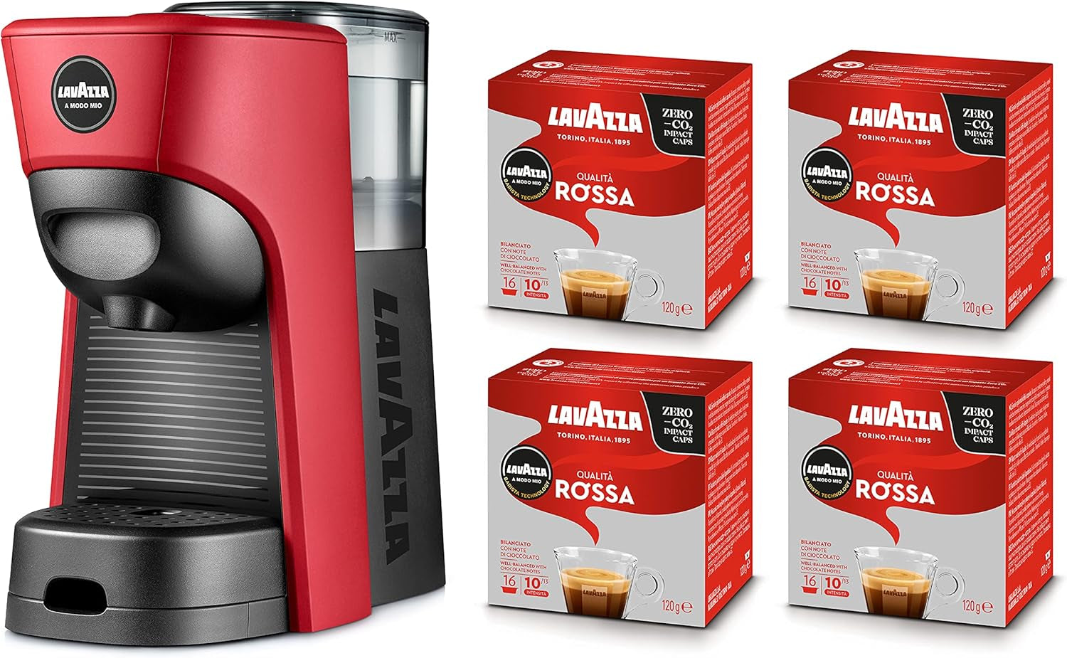 Lavazza, Espressor A Modo Mio Tiny Eco Rood met 64 capsules, Espressor van gerecycled plastic, 1450 W, 220-240 V, 50/60 Hz, 0,6 liter