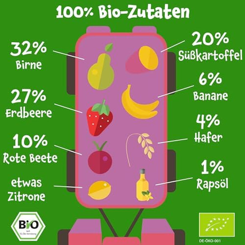 Pumpkin Organics zakjes biologische groenten en granen, pakje van 8: Peer, Aardbeien, Zoete aardappelen, Rode Biet, Banaan, Haver - Geen toegevoegde suiker¹ - Vanaf 6 maanden - als tussendoortje of aanvullend voedsel in de verpakking (8 x 100g)