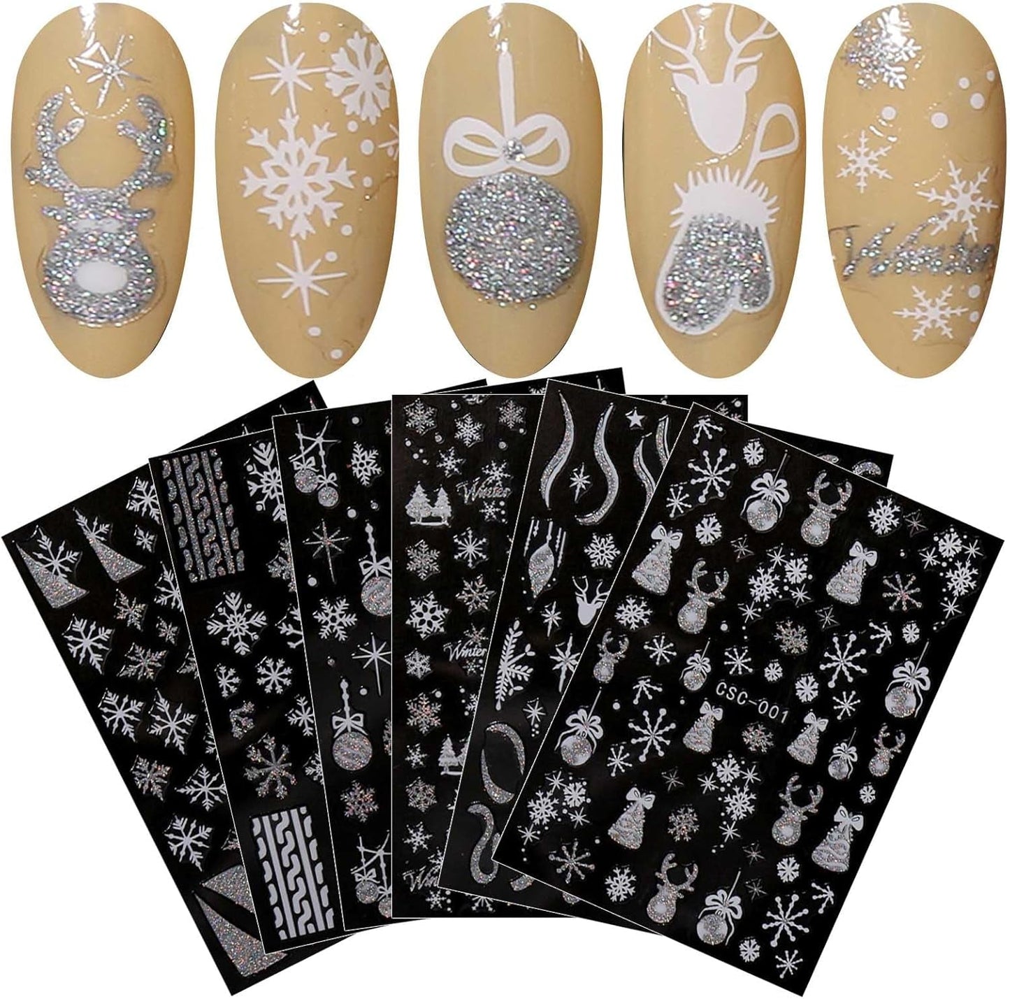 JMEOWIO Nagelsticker Weihnachten Gold Glitter Silber 8 Blatt Nail Art Sticker Selbstklebend Nagelaufkleber Schneeflocke Winterurlaub Decoratie Nageldesign Zubehör