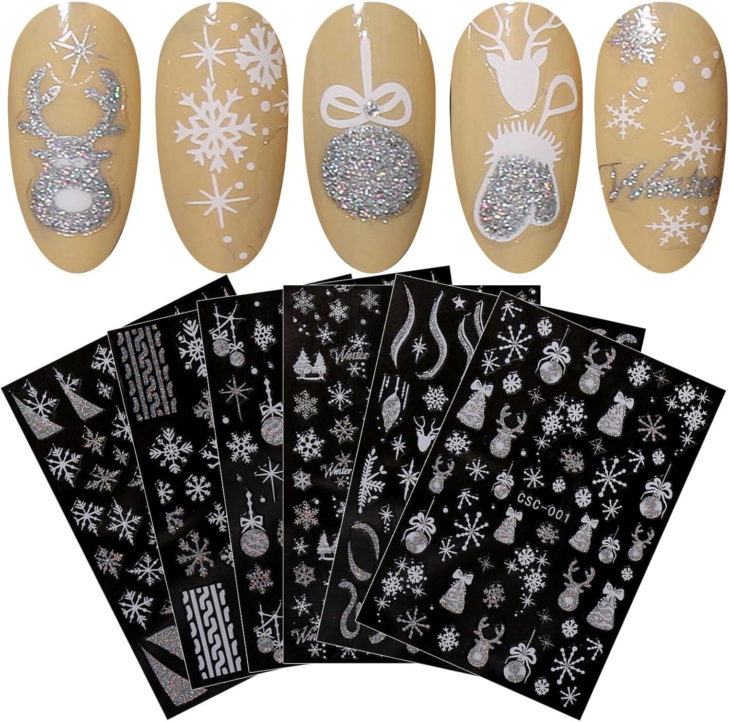 JMEOWIO Nagelsticker Weihnachten Gold Glitter Silber 8 Blatt Nail Art Sticker Selbstklebend Nagelaufkleber Schneeflocke Winterurlaub Decoratie Nageldesign Zubehör