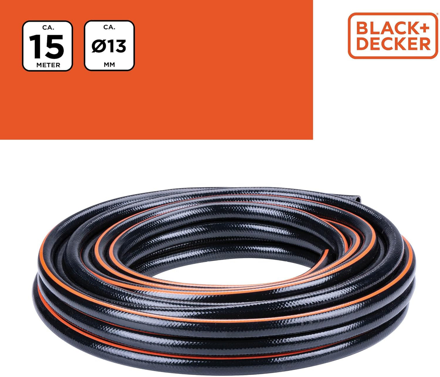 BLACK+DECKER Tuinslang 15 meter - Ø13MM - Duurzaam PVC - Tuin besproeien, auto wassen, zwembad vullen - Compatibel met elke standaard kraan - Zwart/Oranje