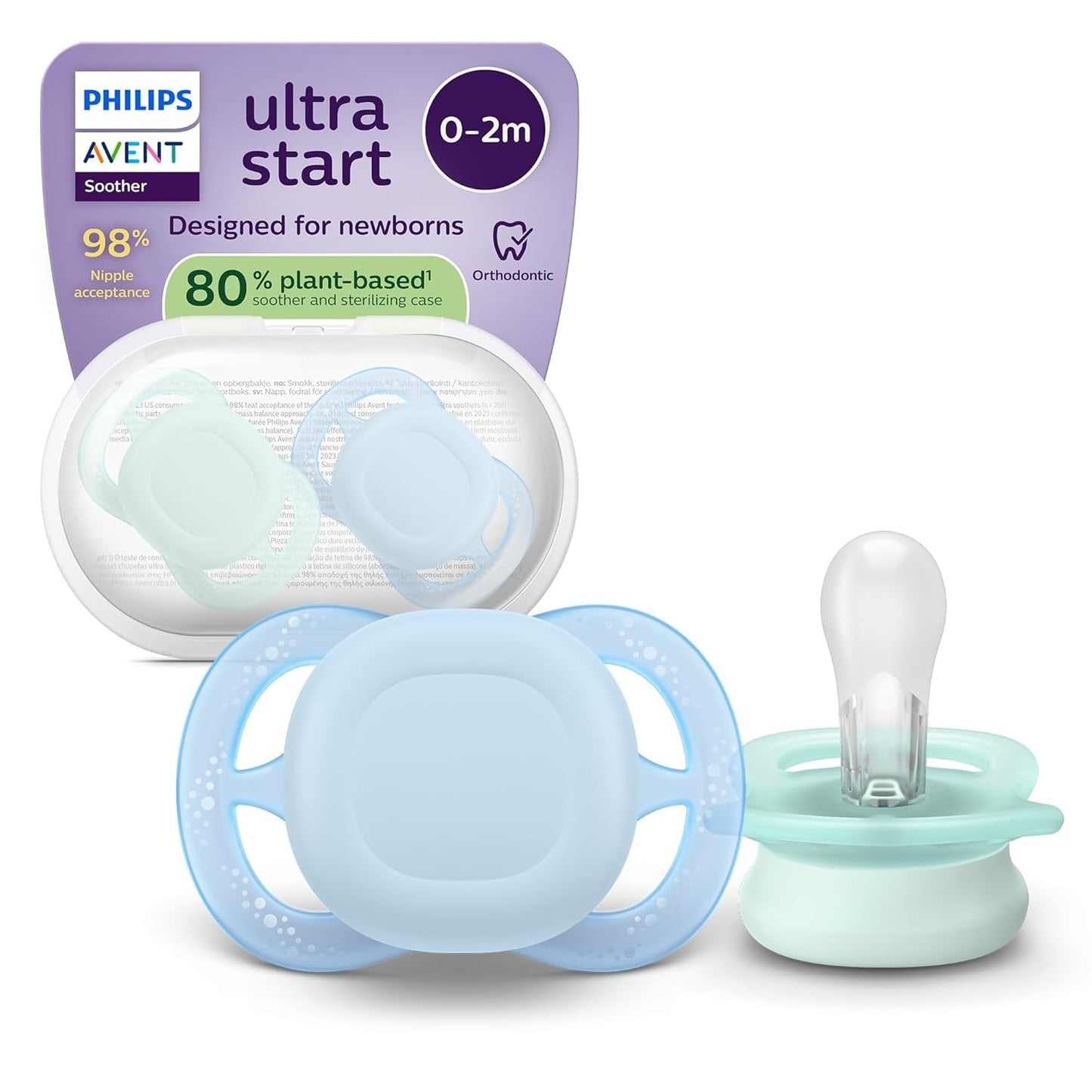 Philips AVENT Ultra Start Nachtfopspeen, orthodontische fopspeen voor pasgeborenen, Glow in the Dark, BPA-vrij, met sterilisatiecontainer, Twin Pack, Maan, Ster, SCF075/07