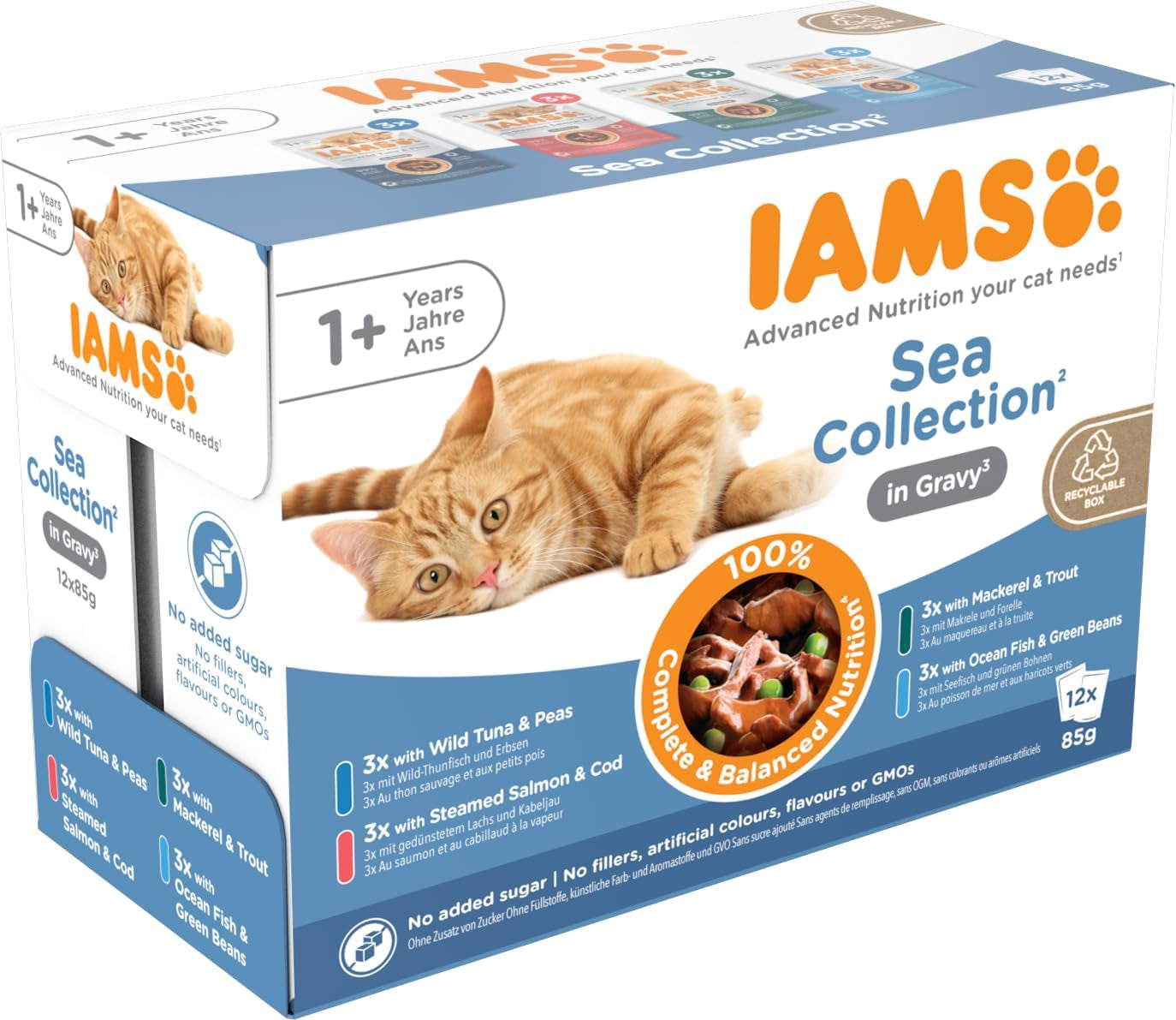 IAMS Delights Sea Collection Katzenfutter Nass - Multipack met vissortering (Lachs, Thunfisch, Makreel, Seefisch) in saus, Nassfutter für Katzen vanaf 1 jaar, 12 x 85 g