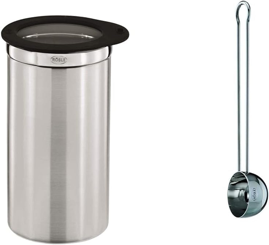 RÖSLE koffiedoos met deksel, roestvrij staal 18/10, 10 cm & koffiemaat, hoogwaardige koffielepel voor eenvoudig doseren van gemalen koffie, roestvrij staal 18/10, 17 x 3,7 x 2,7 cm, zilver Voedselbewaardozen Naty Shop Pakket Blikformaat