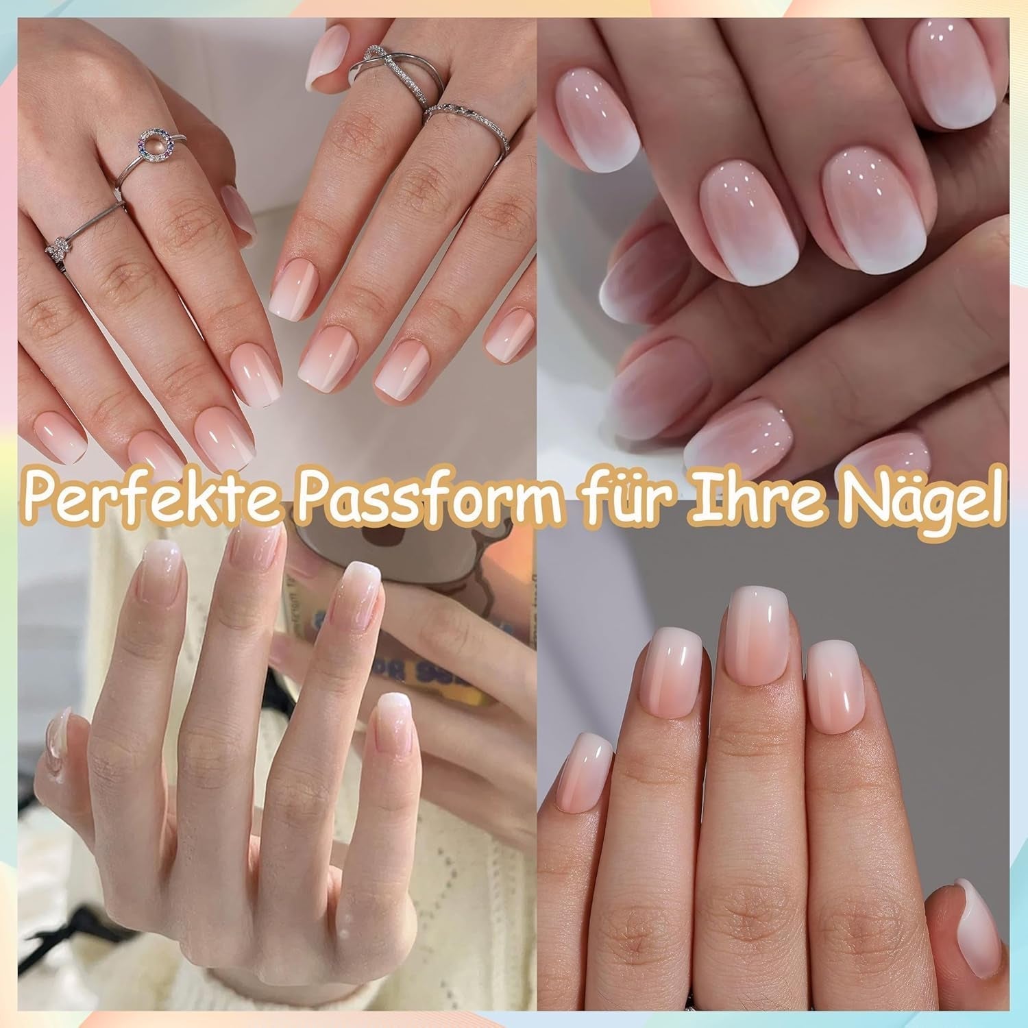 Kunstnagels set - 240 stuks korte vierkante nagels zacht gelmodel naakt wit gradiënt nep natuurlijke lijm op nepnagels voor vrouwen DIY (naakt gradiënt, 240X)
