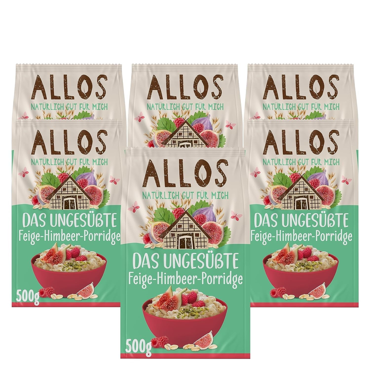 Ongezoete Allos-pap van vijgen en frambozen | Pap zonder suiker | Biologische Muesli | Muesli met fruit | Havermout | Pap als ontbijt | Ontbijtgranen | Veganistisch | Pak van 6 (6 x 500 g)