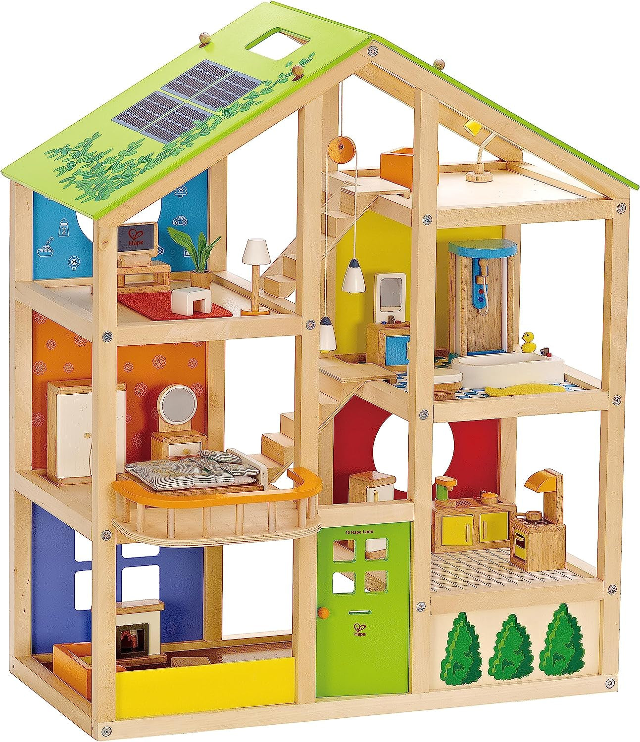 Hape Four Seasons Dollhouse - bekroond houten poppenhuis van drie verdiepingen met meubels, accessoires, schuiftrap en omkeerbaar dak voor alle seizoenen, voor kinderen vanaf 3 jaar