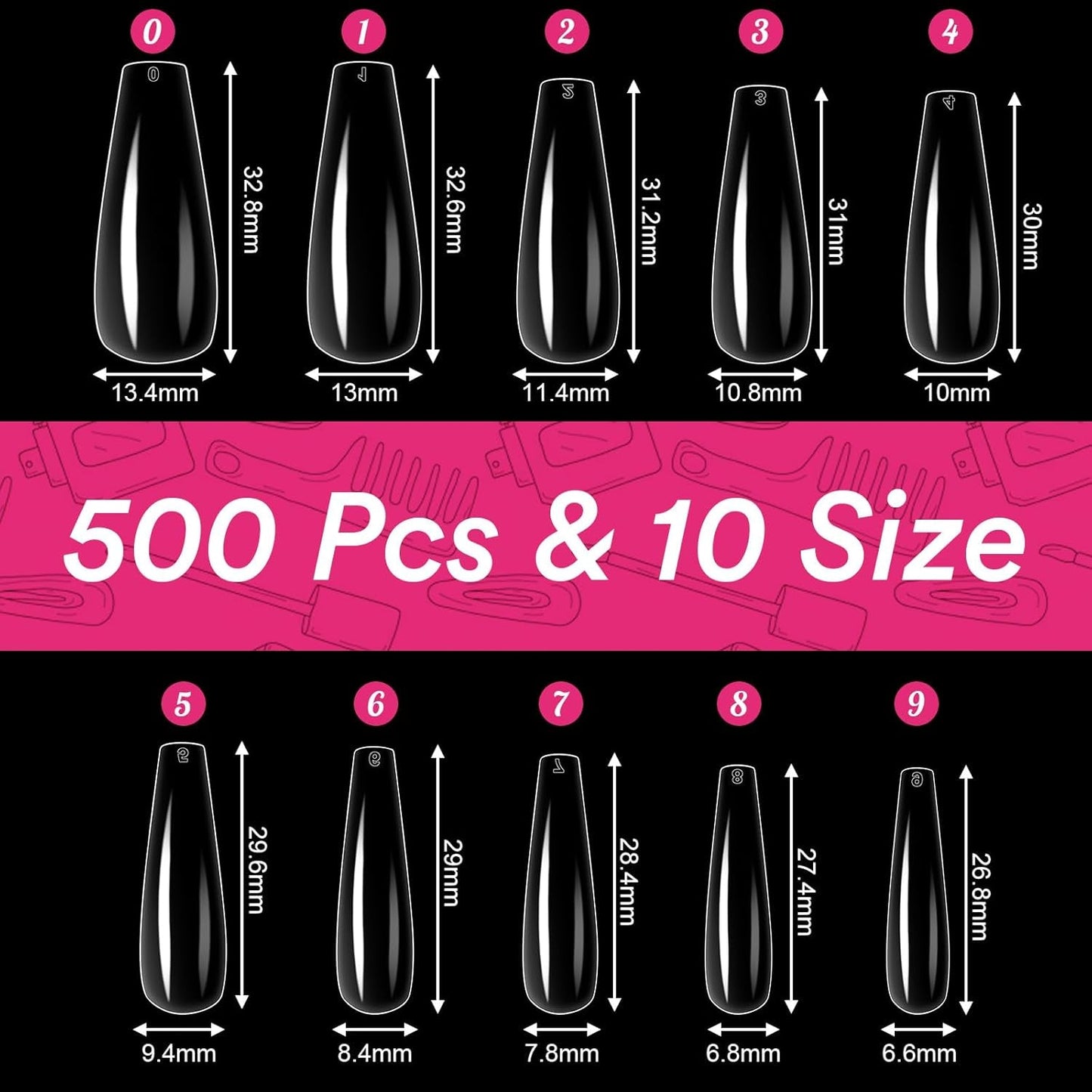 Alyvisun Ballet nageltips, 500 stuks volledig dekkende acryl nageltips met 240 stuks nagelstickers set, 10 maten transparante gelnageltips Zachte gelnageltips Ballerina nageltips