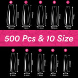 Alyvisun Ballet nageltips, 500 stuks volledig dekkende acryl nageltips met 240 stuks nagelstickers set, 10 maten transparante gelnageltips Zachte gelnageltips Ballerina nageltips