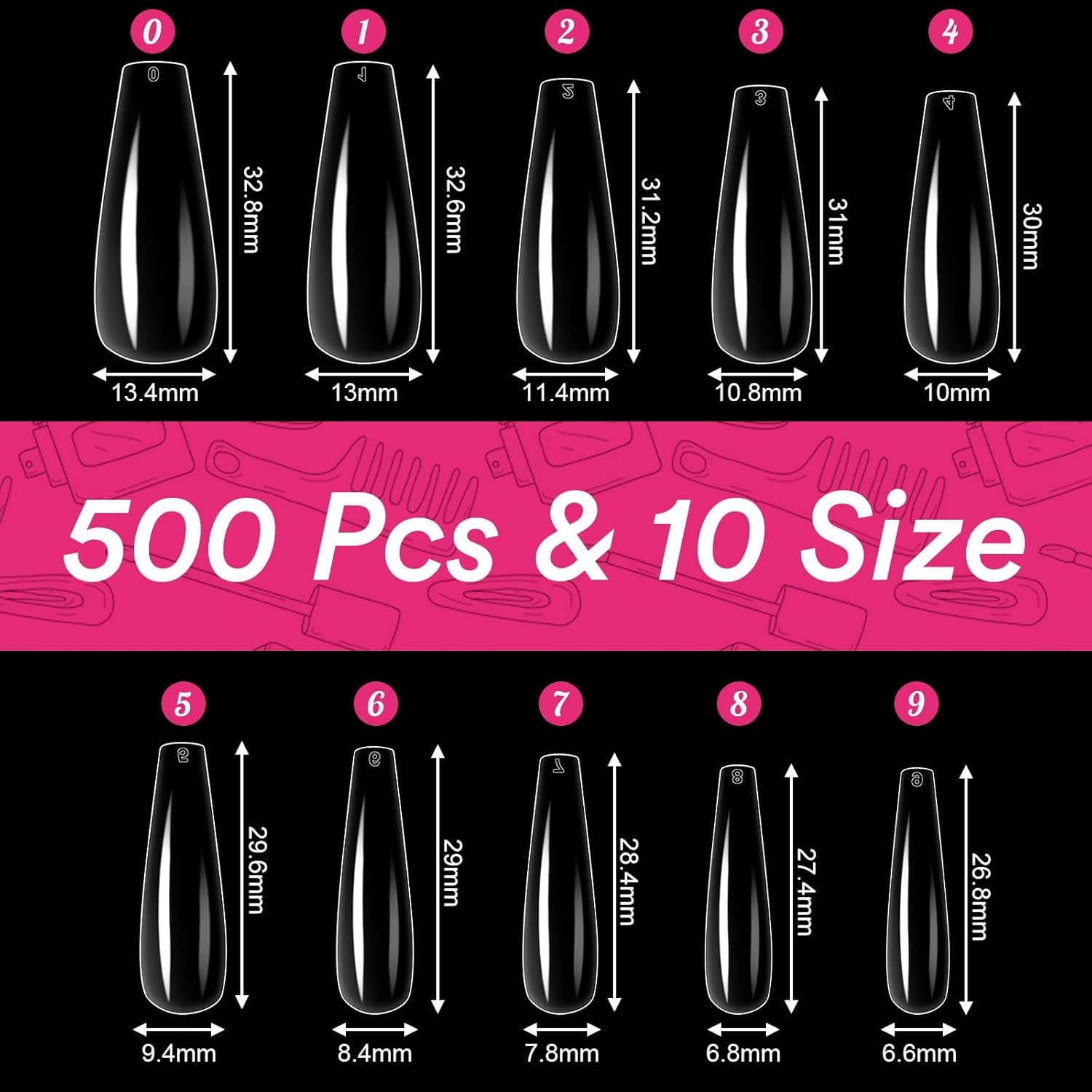 Alyvisun Ballet nageltips, 500 stuks volledig dekkende acryl nageltips met 240 stuks nagelstickers set, 10 maten transparante gelnageltips Zachte gelnageltips Ballerina nageltips
