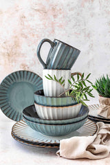MÄSER 931966 Confino-serie servies voor 4 personen, moderne vintage look, keramische ontbijtset, 12-delig, petroleumkleur met zwarte accenten, steengoed