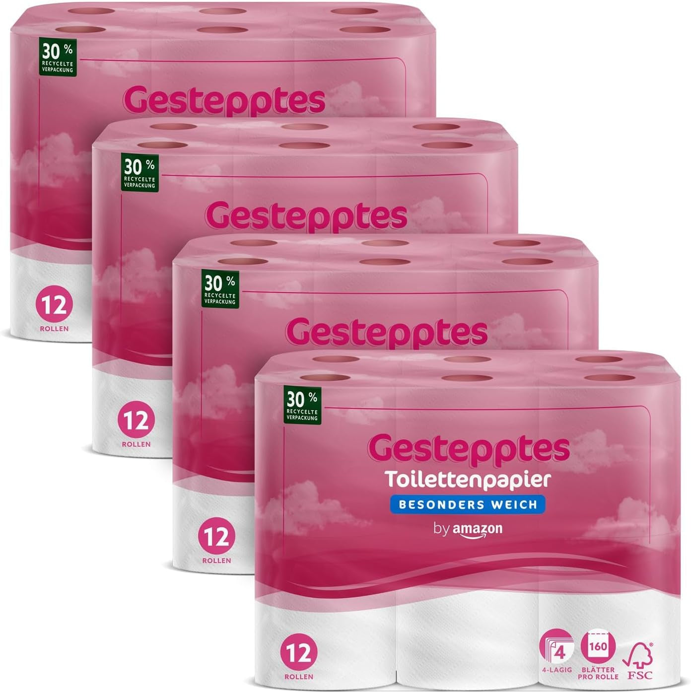By Amazon toiletpapier, 4-laags gewatteerd, extra zacht, 48 rollen (12 rollen, 4 stuks), 160 vellen per rol, FSC-gecertificeerd