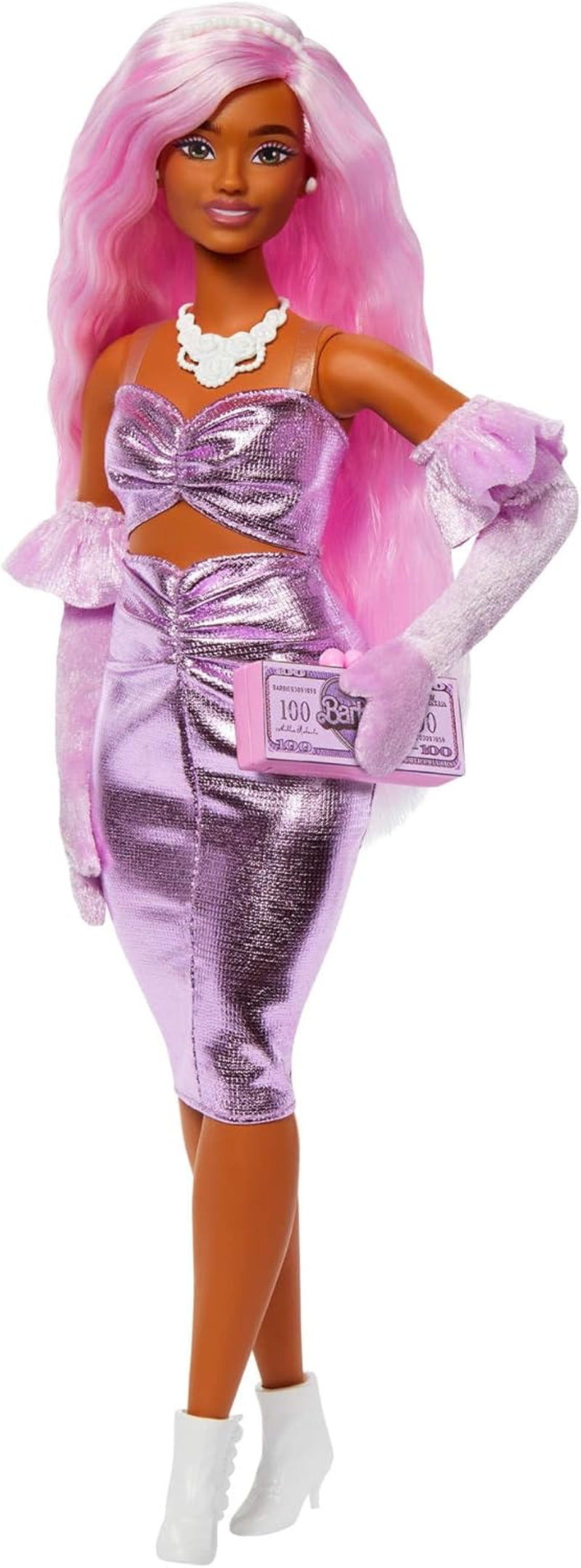 Barbiepop Deluxe Stijlnr. 3 met Barbiecore-outfit, blond haar in hoge knot, pastelroze jurk met oversized strik en accessoires zoals visnetpanty's, HYV27 Pink Naty Shop Dolls