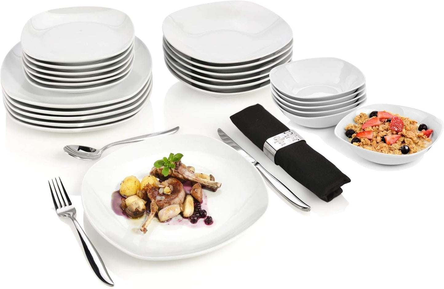 ZANGER | Witte Bilgola serviesset, 24-delige porseleinen serviesset voor 6 personen, vierkante borden, dinerborden | DE PREMIUM COLLECTIE