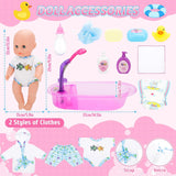 deAO poppenbadset, interactieve pop van 33 cm, poppenbad, poppenspeelset met fopspeen, poppenkleding, badjas, poppenluiers, badkuip en functionele douchespray