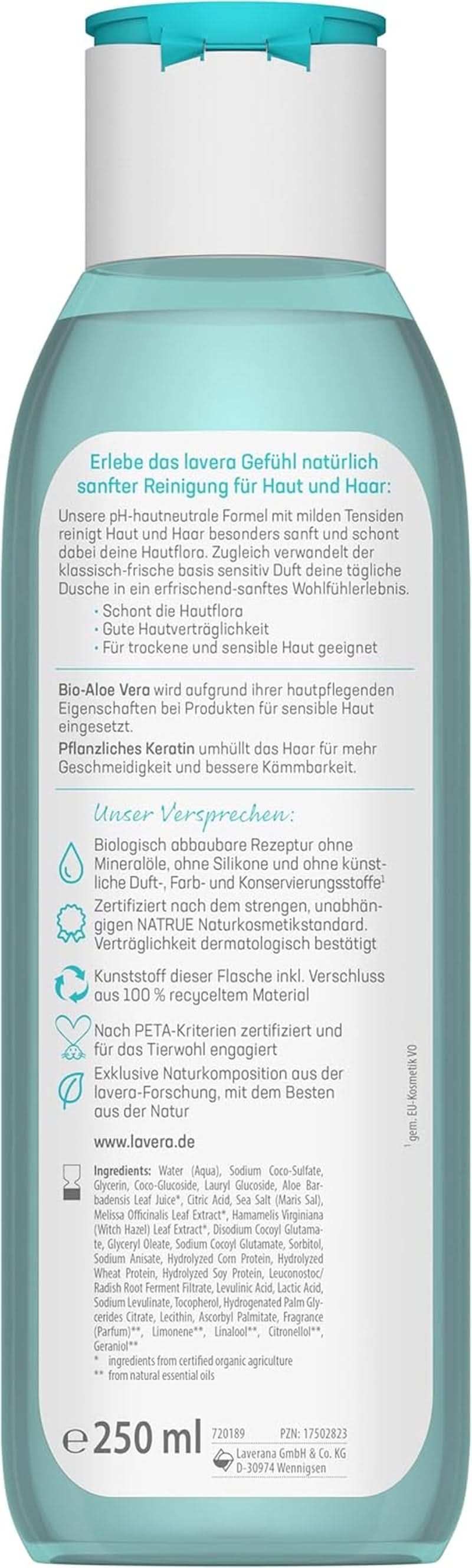Lavera Care Basis Sensitiv 2 in 1, Shampoo en douchegel met biologische aloë vera en plantaardige keratine, 250 ml Douche en bad Naty Shop