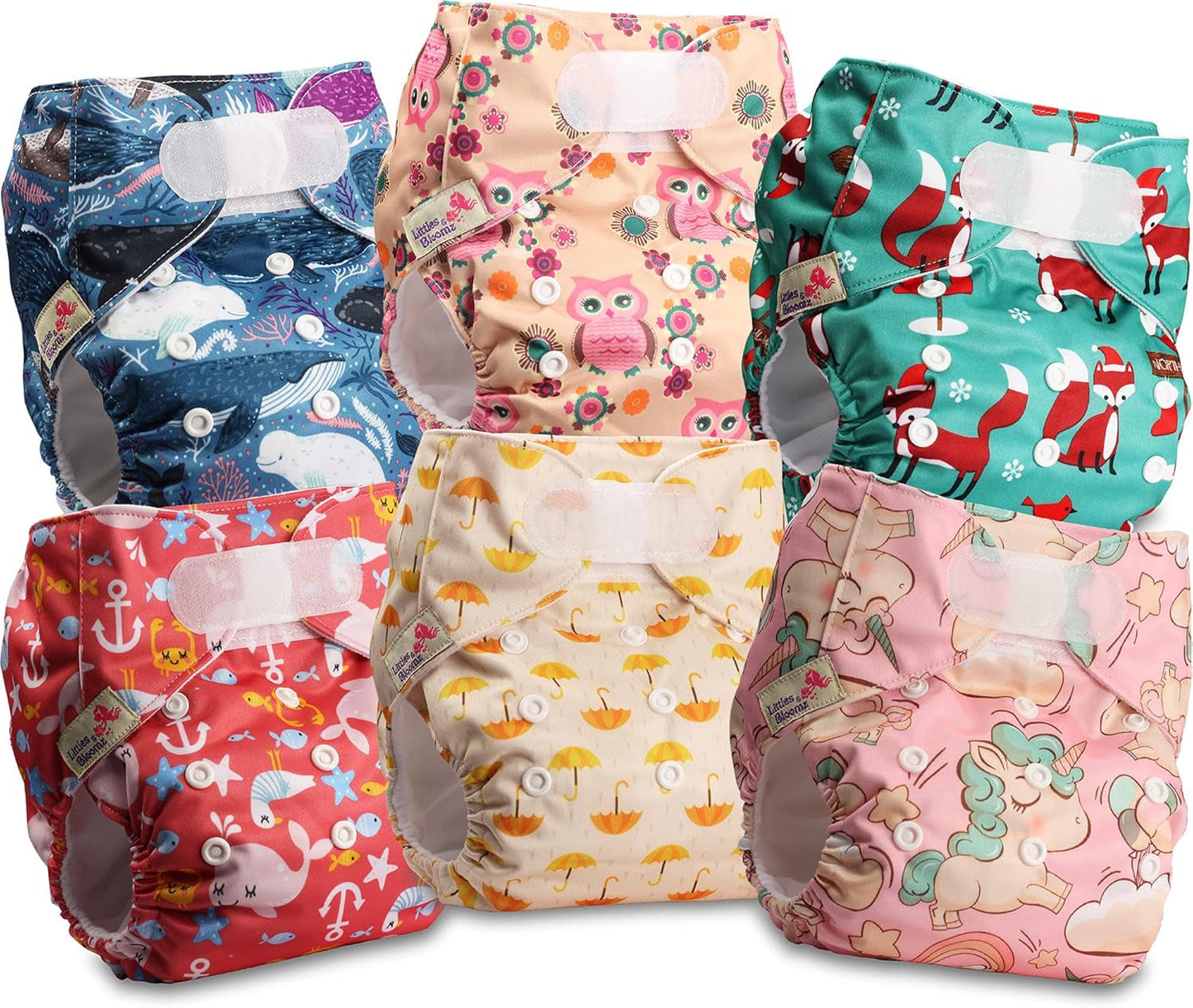 Littles and Bloomz herbruikbare luier FLV2-0602, standaard klittenbandsluiting, 6 luiers