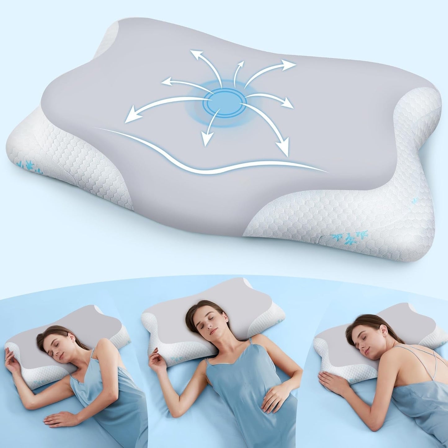 Cloudétoile Nekkussen Memory Foam Kussen - 2 in 1 Ergonomisch Orthopedisch Kussen Visco Foam Kussen Zijslaper Neksteun Kussen In hoogte verstelbaar Memory Foam Kussen Wit 64X38X12cm Cervicale Orthopedische Kussens Naty Shop Grijs 65X39X12 Cm
