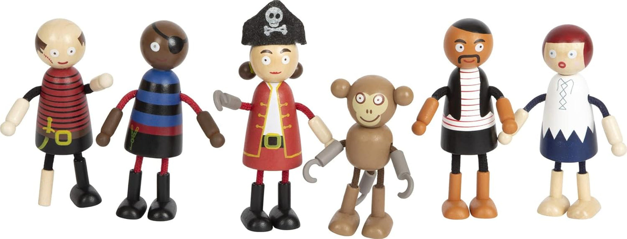 Small Foot flexibele houten piratenpoppen, 5 piraten en 1 aap, gedetailleerd en flexibel, vanaf 3 jaar, 12412