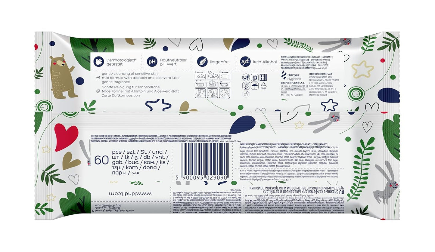 Kindii Natural Balance vochtige doekjes voor baby's – (1 x 60 st.) Vochtige doekjes voor baby's en kinderen – Beschermend, Aloë Vera, delicate geur – 60 st.