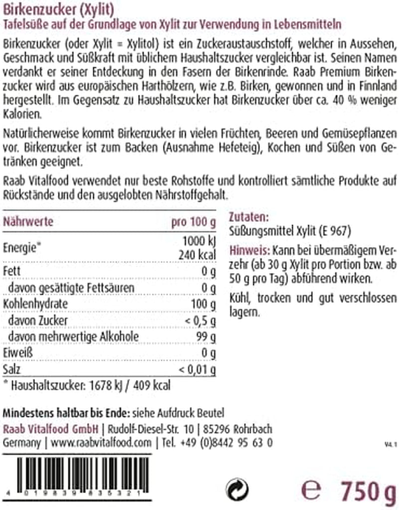 Raab Vitalfood Premium Birkenzucker, Xylit, Veganistisch, 1:1 Zucker-Alternatief, Süßungsmittel, Zahnfreundlich, Vorratspack, 750 G Zoetstoffen Naty Shop