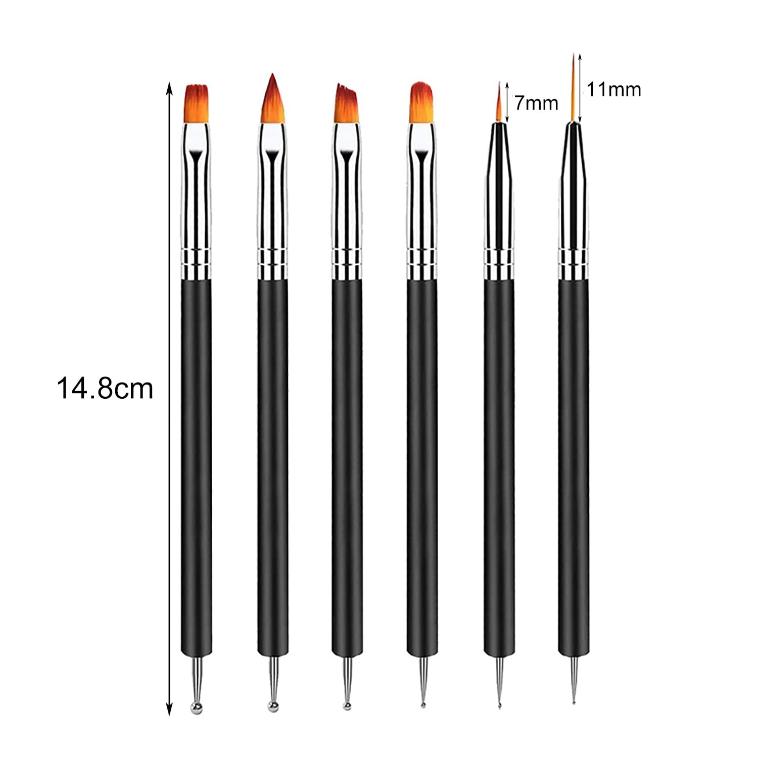 6 Stück Doppel-Ende Nagel Pinsel, Nageldesign Pinsel, Doppel-Ende Nail Art Pinsel Kit Professionelle Maniküre Werkzeuge Kit (Zwart)