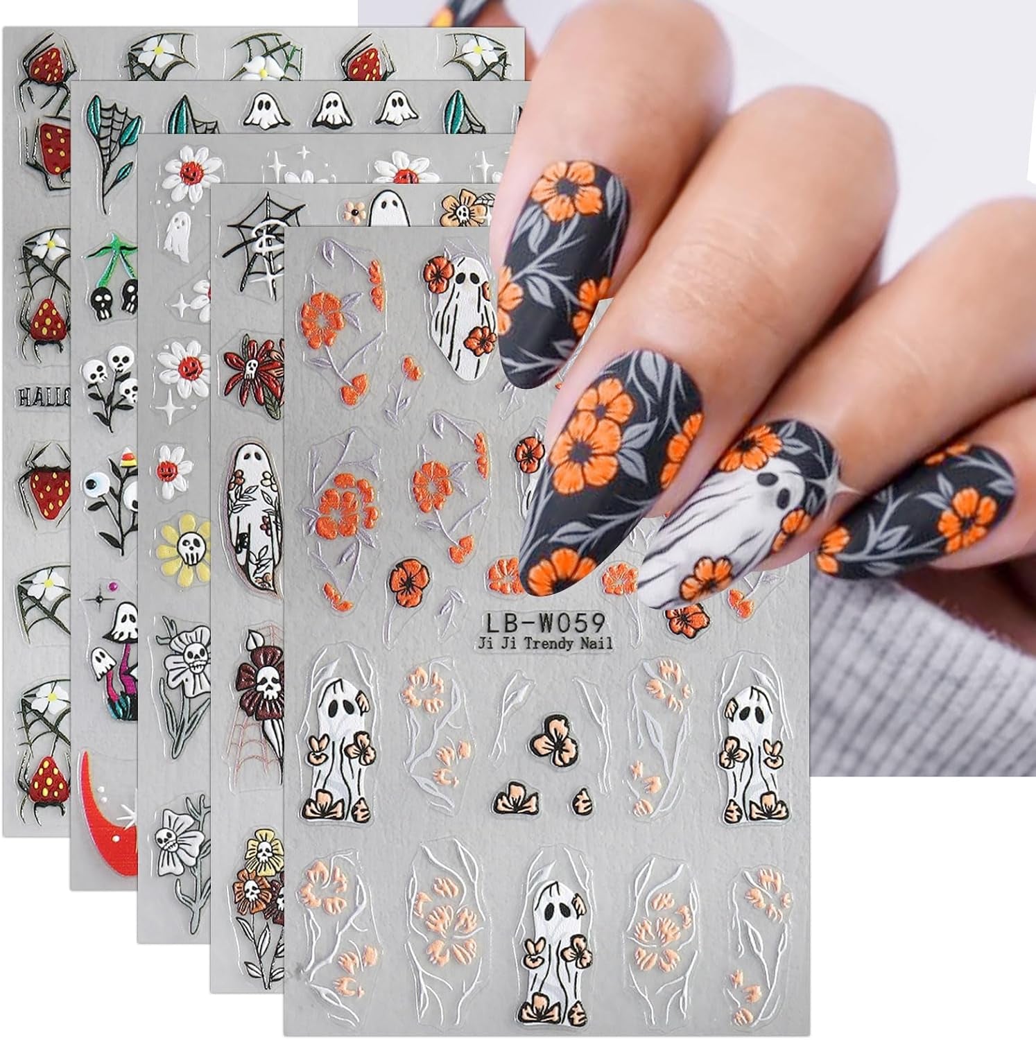 JMEOWIO Nagelsticker Halloween 9 Blatt Nail Art Sticker Selbstklebend Nagelaufkleber Süße Geisterblume Decoratie Nageldesign Zubehör