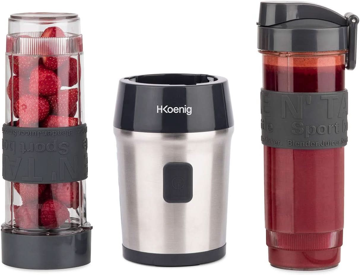 H.Koenig Smoothie Maker SMOO9 - Mini Standmixer - Mini Blender - 300 Watt - 570 Ml - Edelstahl - 2 Kunststofflesjes - Bpa-vrij, Grau Kitchen Naty Shop