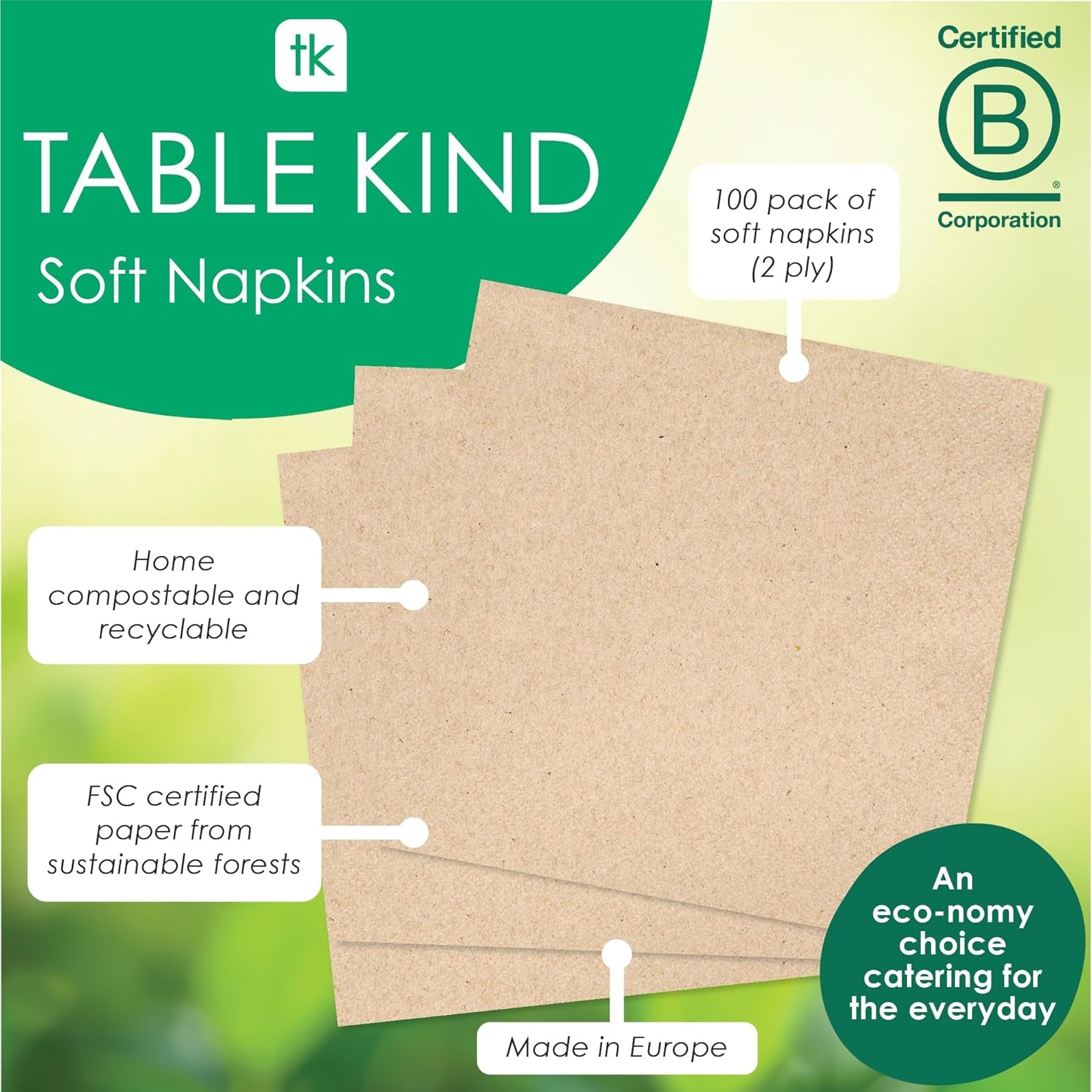 Tafelsoort | 100 stuks bulkverpakking Zacht gerecycled papier Servetten Bruin Wegwerpfeestservetten Geschikt voor dagelijks gebruik Milieuvriendelijk Kraft Ongebleekt Composteerbaar Gemaakt in de EU 2-laags 33 cm