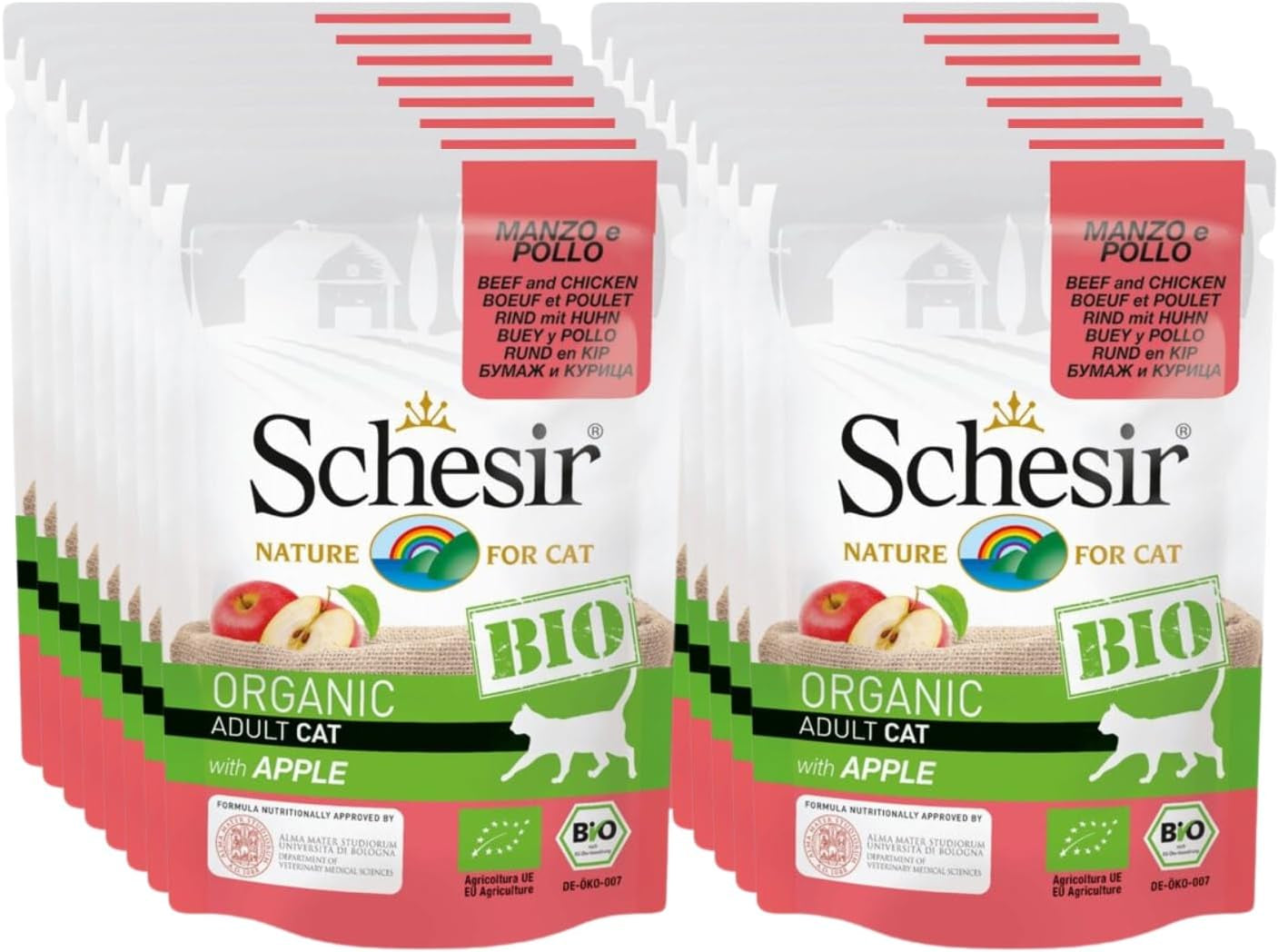 Cat Bio Adult rundvlees en kip met appel, nat kattenvoer, 16 zakjes x 85 g